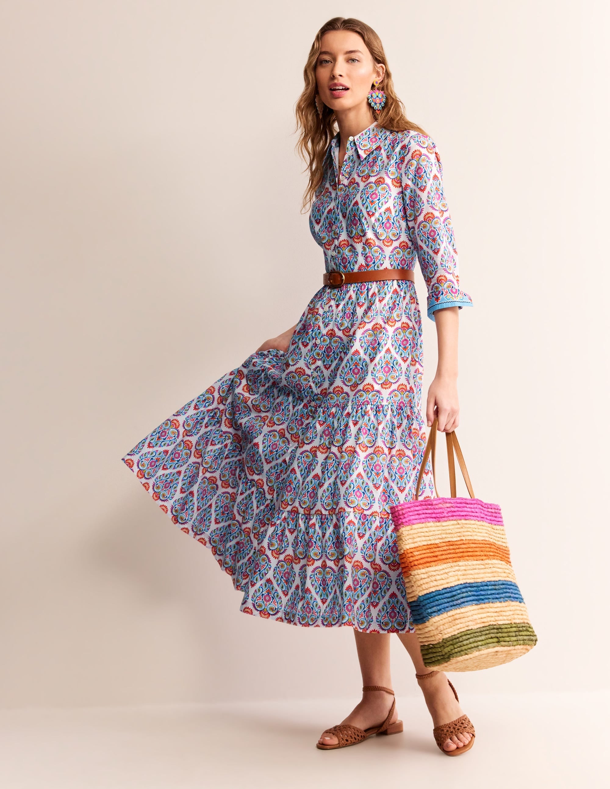 Flo Cotton Midi Shirt Dress-Air Blue, Flora Stamp - Image 5