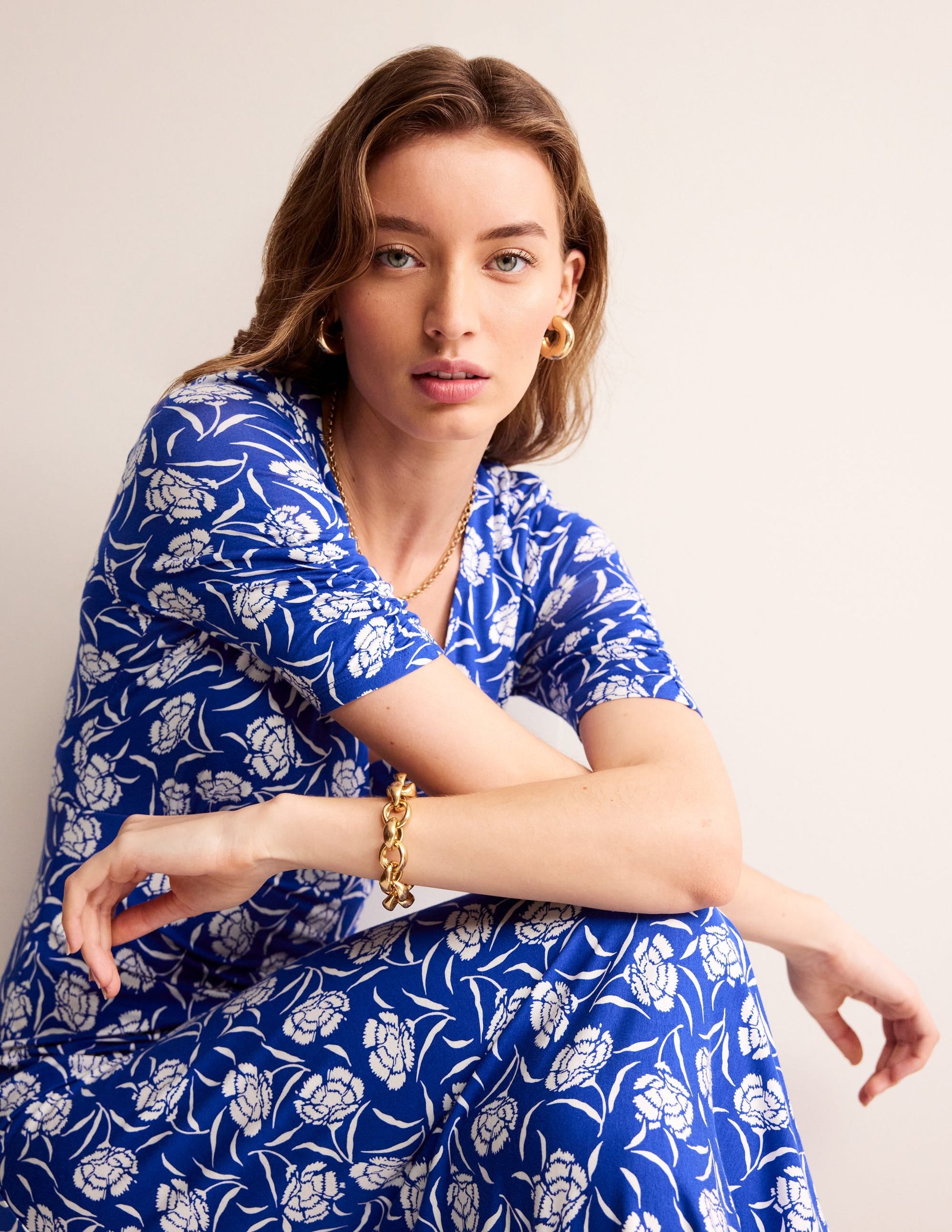 Rebecca Jersey Midi Tea Dress-Surf The Web, Peony Sprig-1
