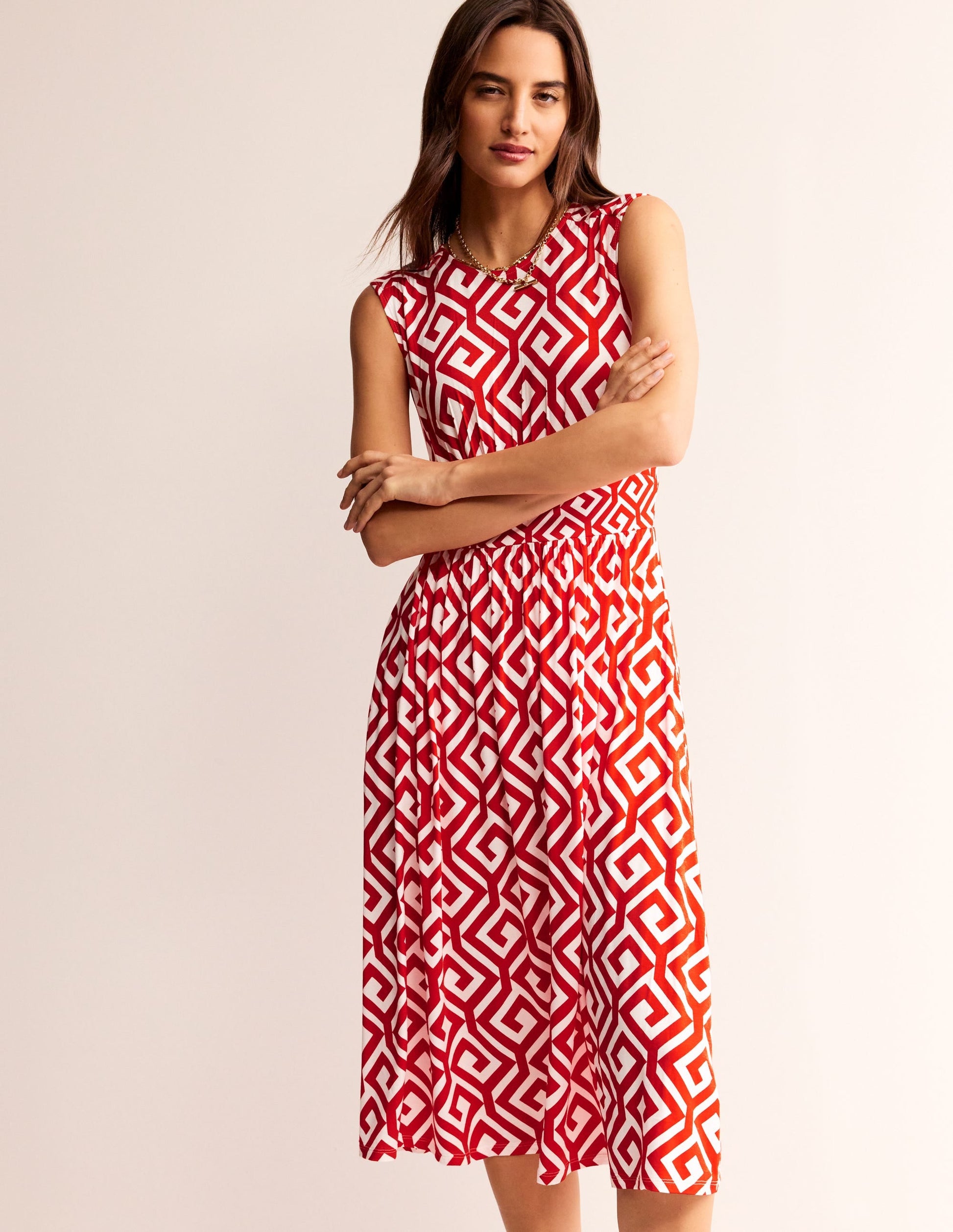 Thea Sleeveless Midi Dress-Flame Scarlet, Maze-2