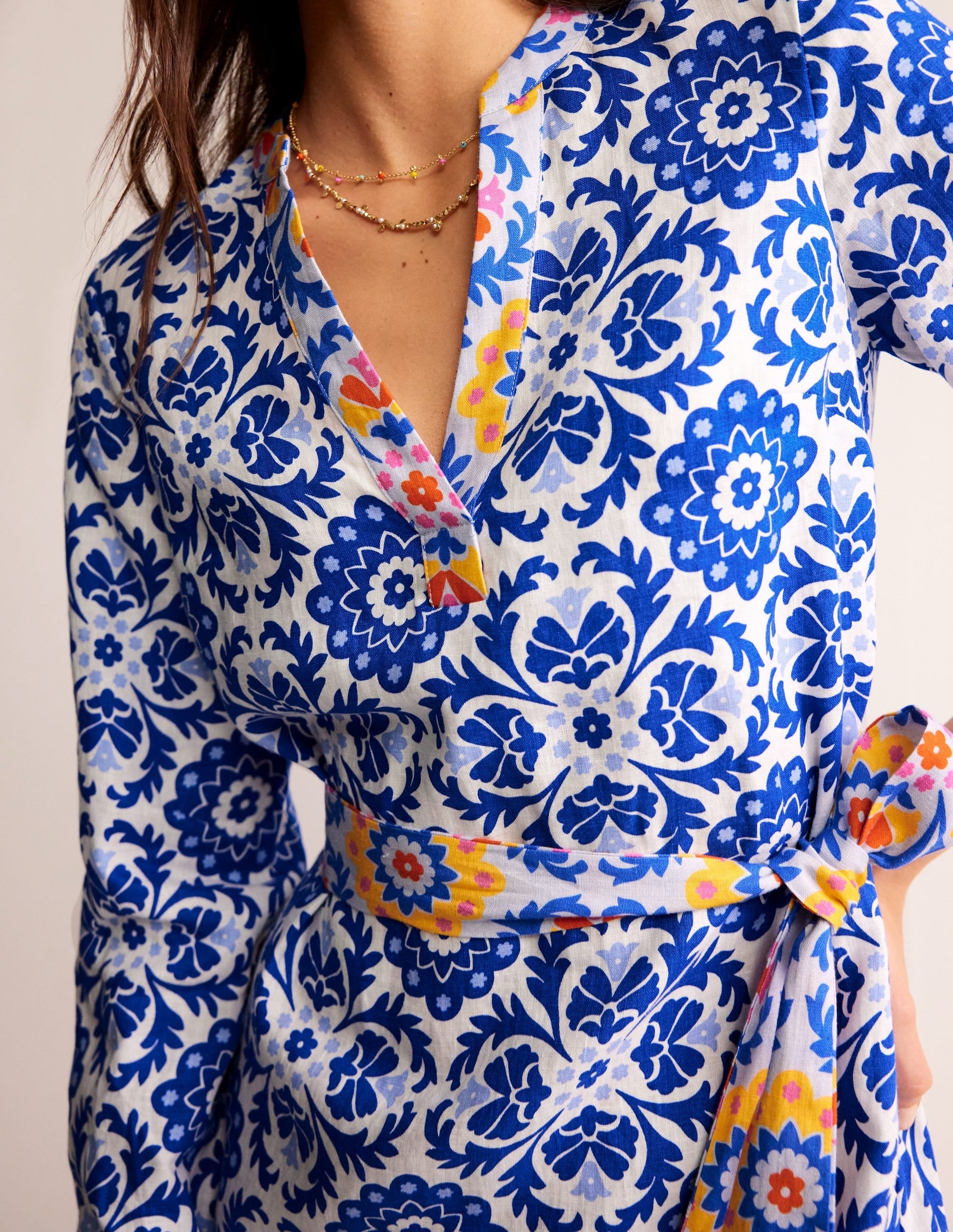 Cleo Linen Tie Waist Dress-Surf The Web, Mosaic Bloom-2