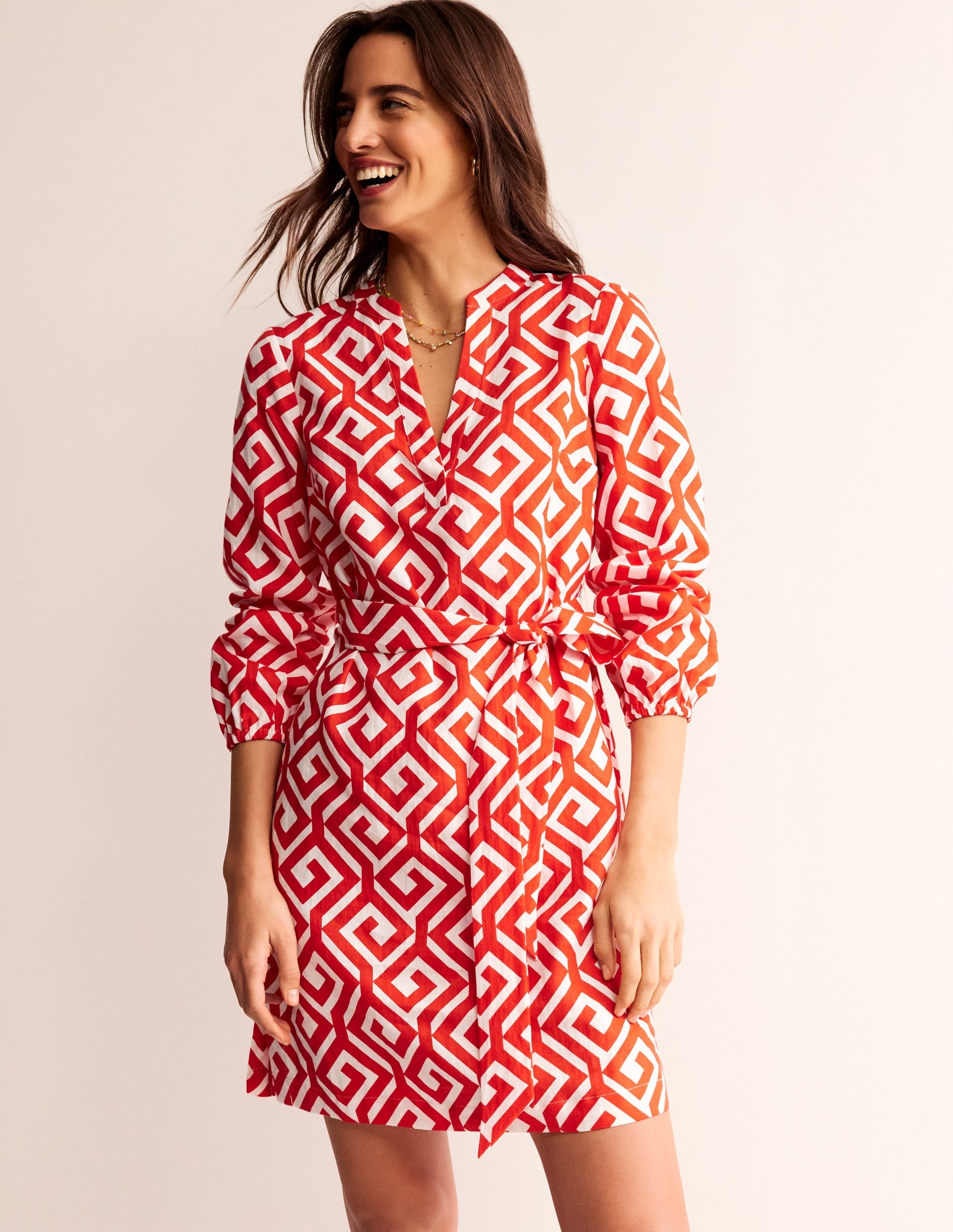 Cleo Linen Tie Waist Dress-Flame Scarlet, Maze - Image 1