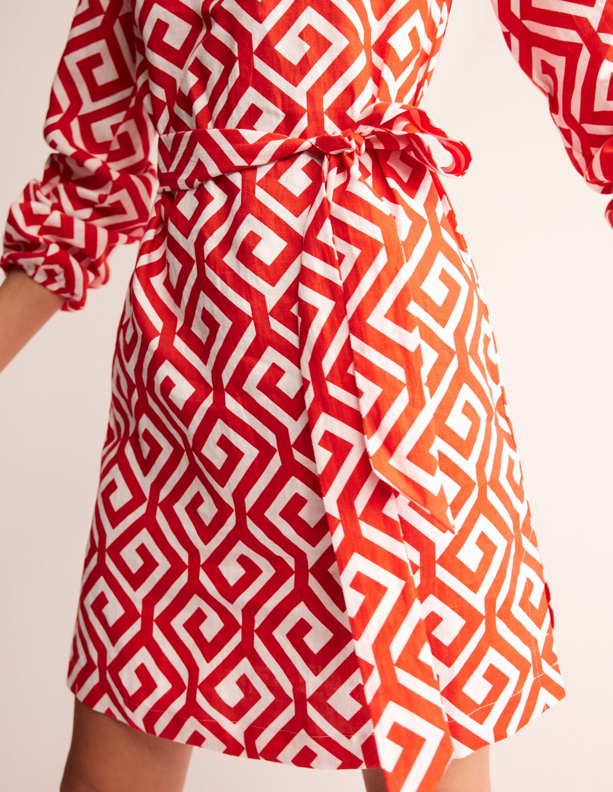 Cleo Linen Tie Waist Dress-Flame Scarlet, Maze - Image 2