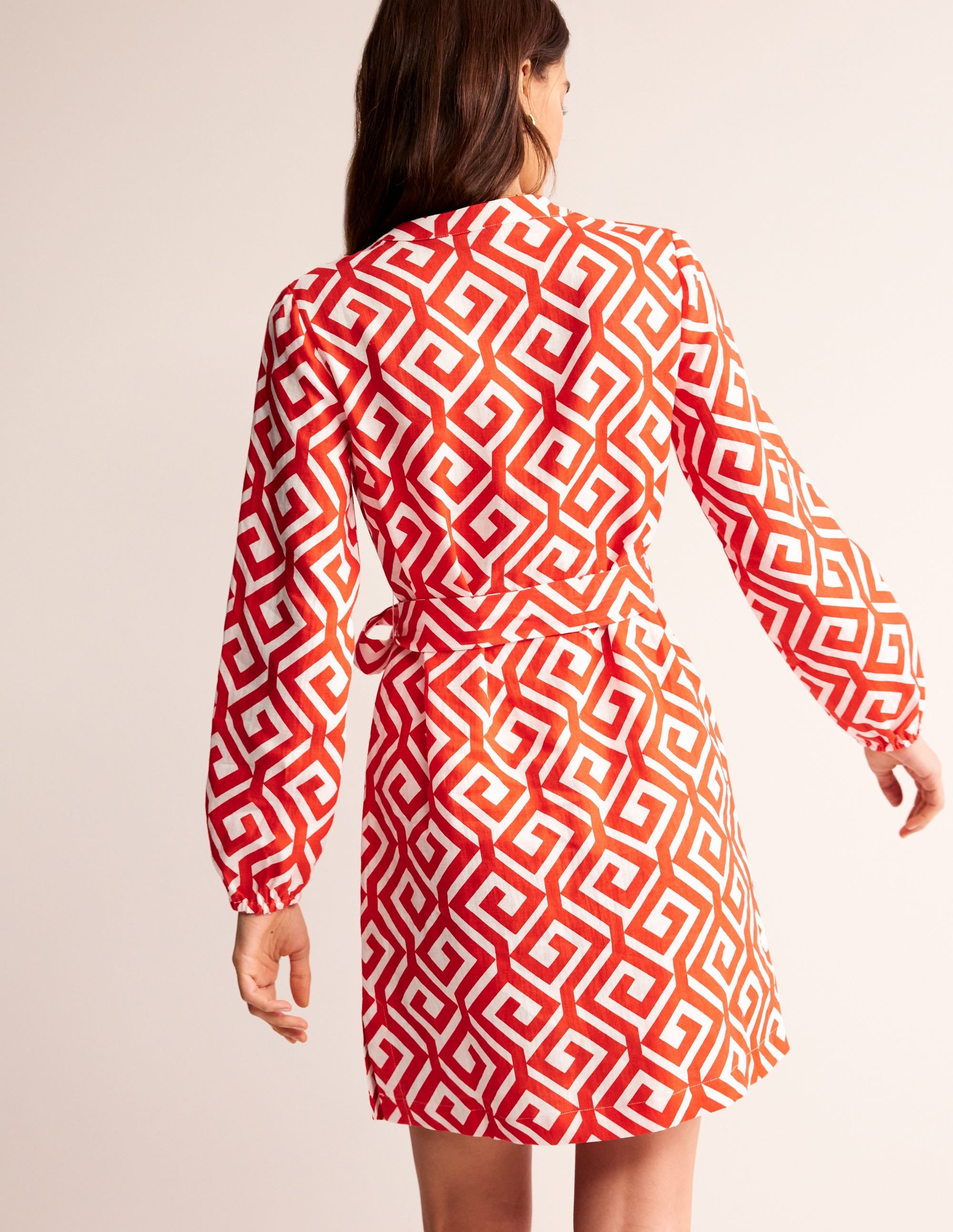 Cleo Linen Tie Waist Dress-Flame Scarlet, Maze - Image 3