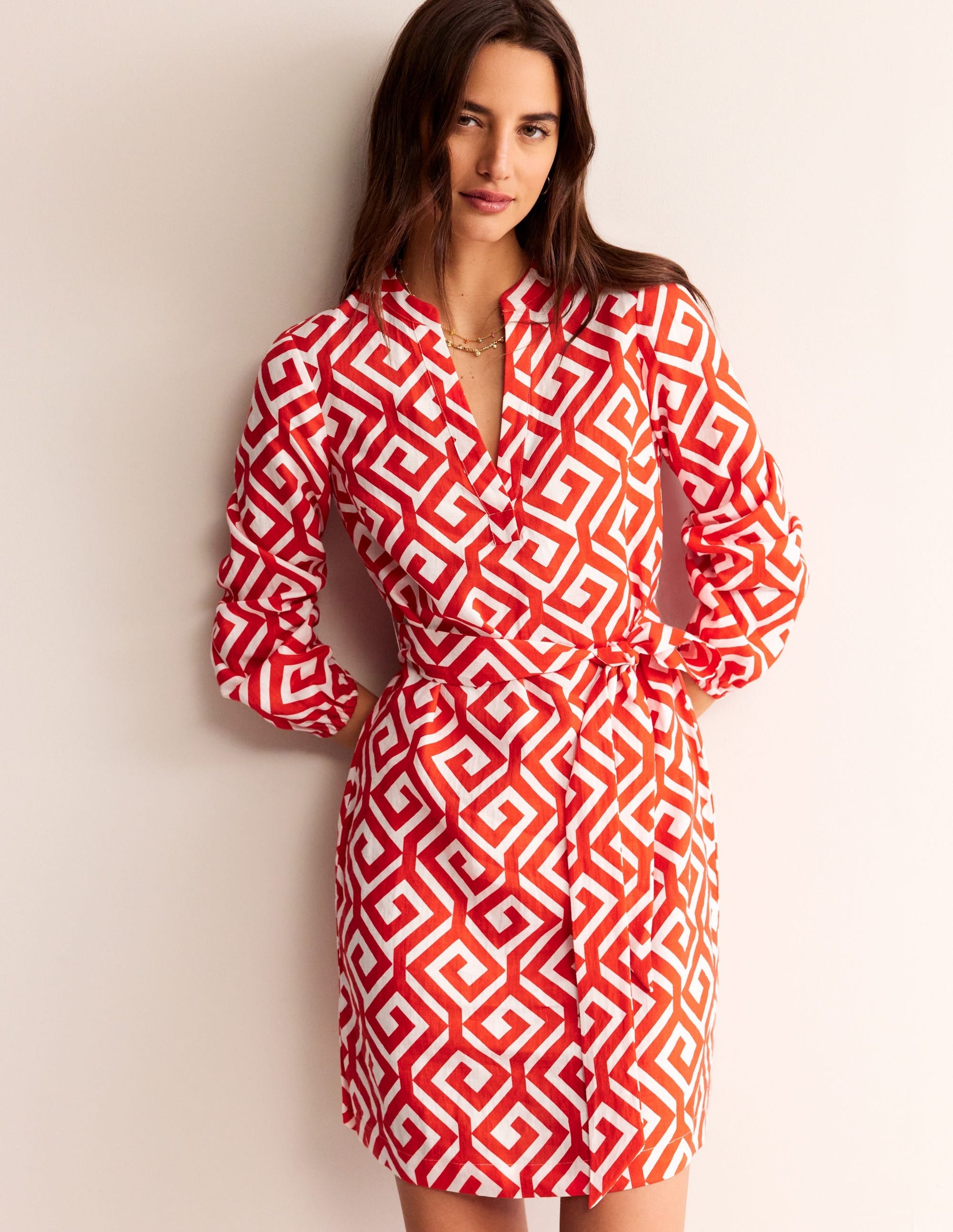 Cleo Linen Tie Waist Dress-Flame Scarlet, Maze-4