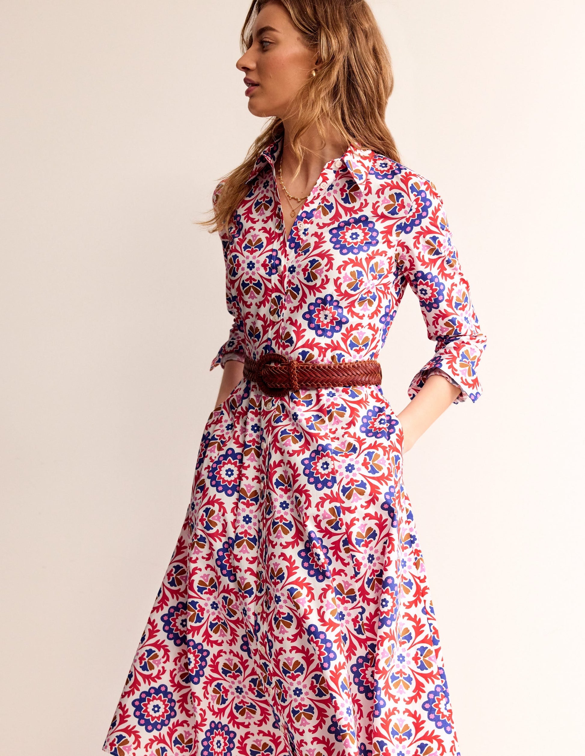Amy Cotton Midi Shirt Dress-Rubicondo, Mosaic Bloom-1