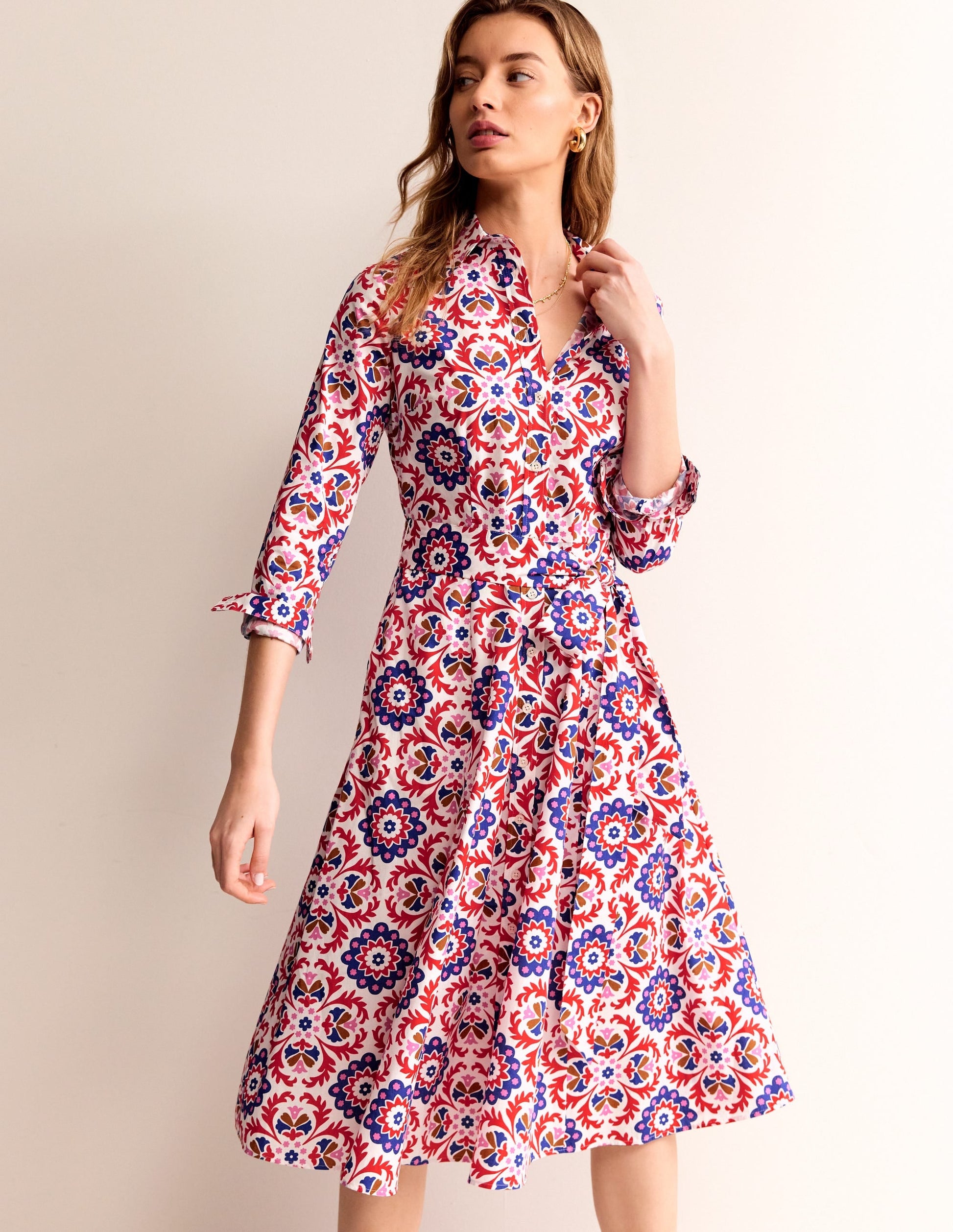 Amy Cotton Midi Shirt Dress-Rubicondo, Mosaic Bloom-4