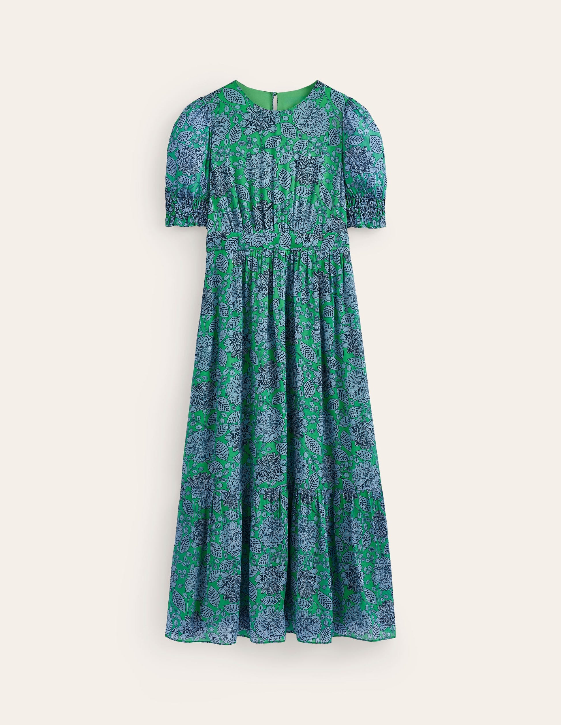 Smocked Cuff Maxi Dress-Ming Green, Gardenia Swirl-6