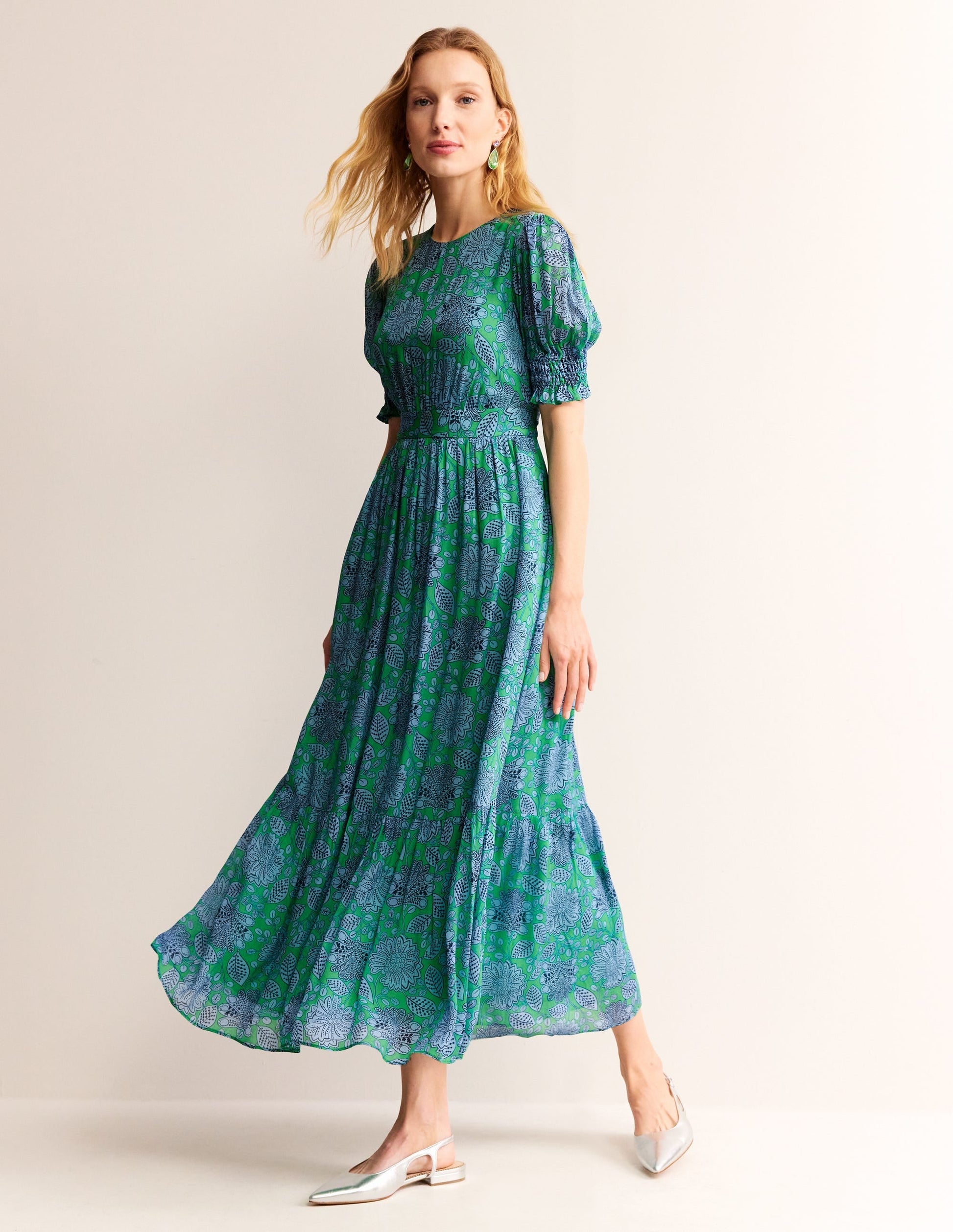 Smocked Cuff Maxi Dress-Ming Green, Gardenia Swirl-1