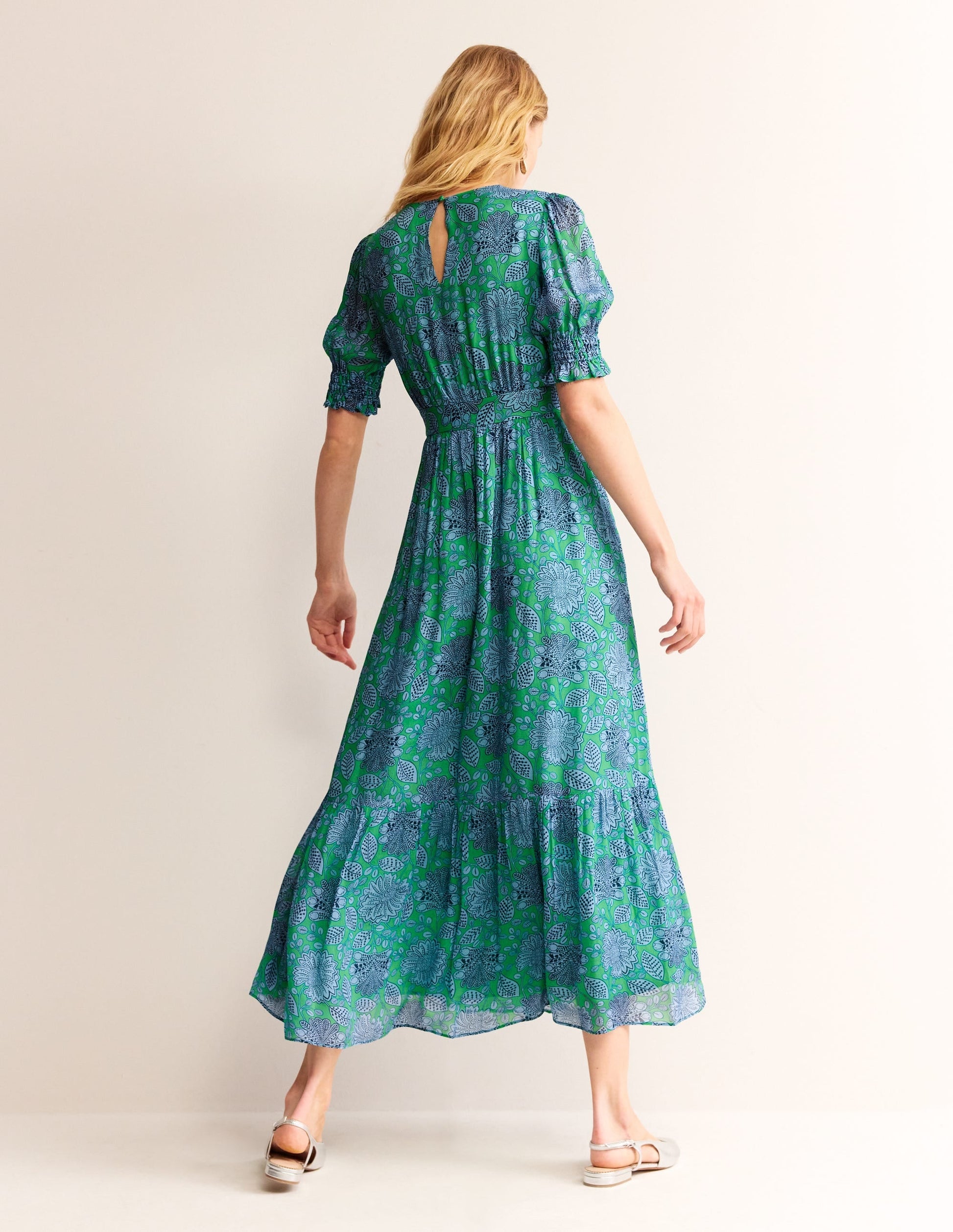Smocked Cuff Maxi Dress-Ming Green, Gardenia Swirl-3