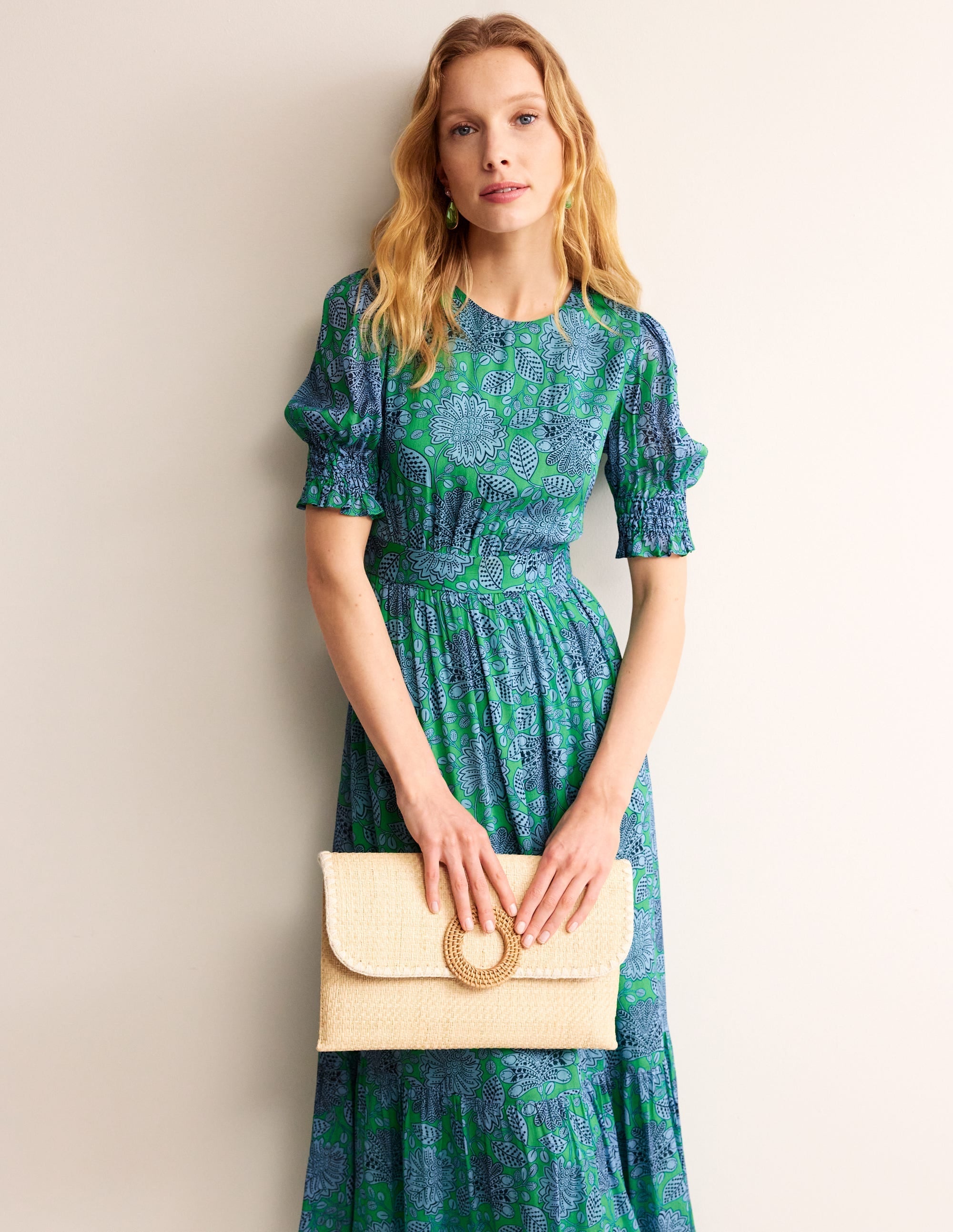 Smocked Cuff Maxi Dress-Ming Green, Gardenia Swirl - Image 4