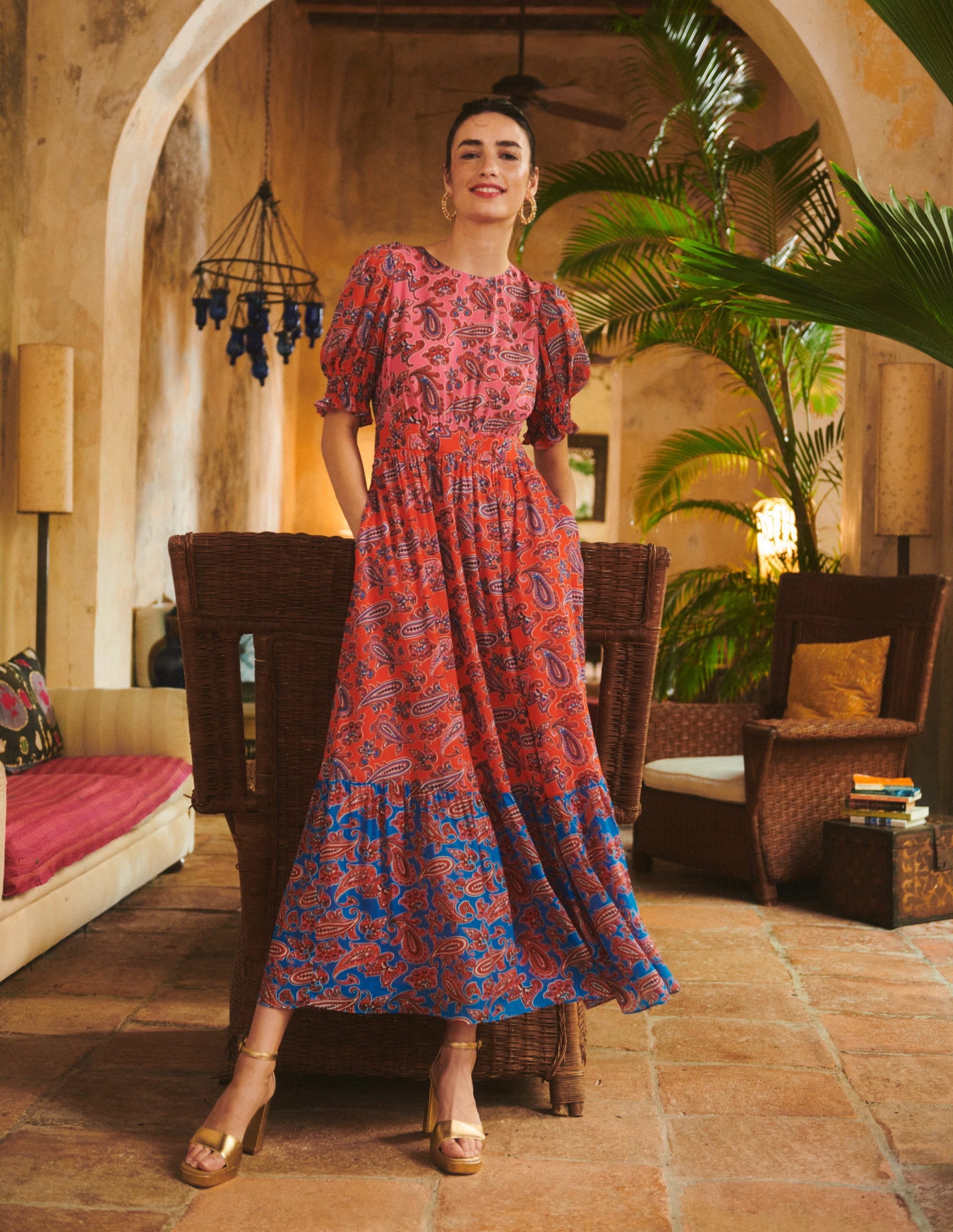 Smocked Cuff Maxi Dress-Sangria Sunset, Paisley Wave - Image 5