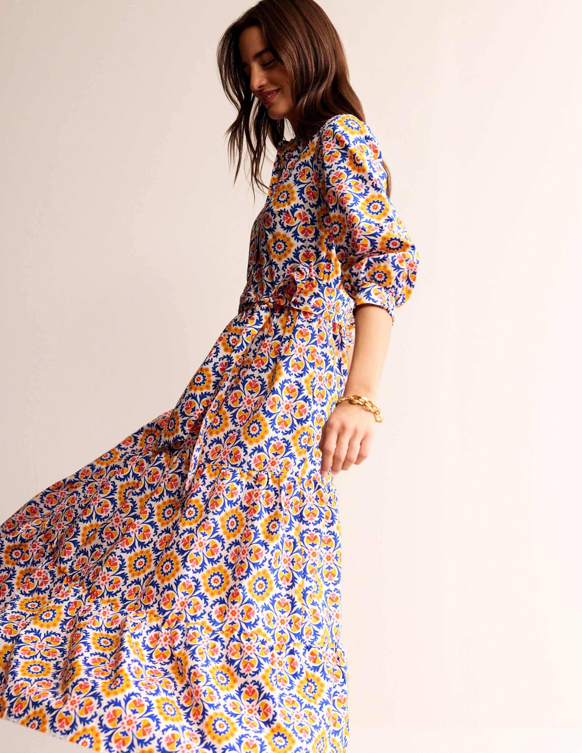 Alba Tiered Cotton Maxi Dress-Artisan's Gold, Mosaic Bloom-1