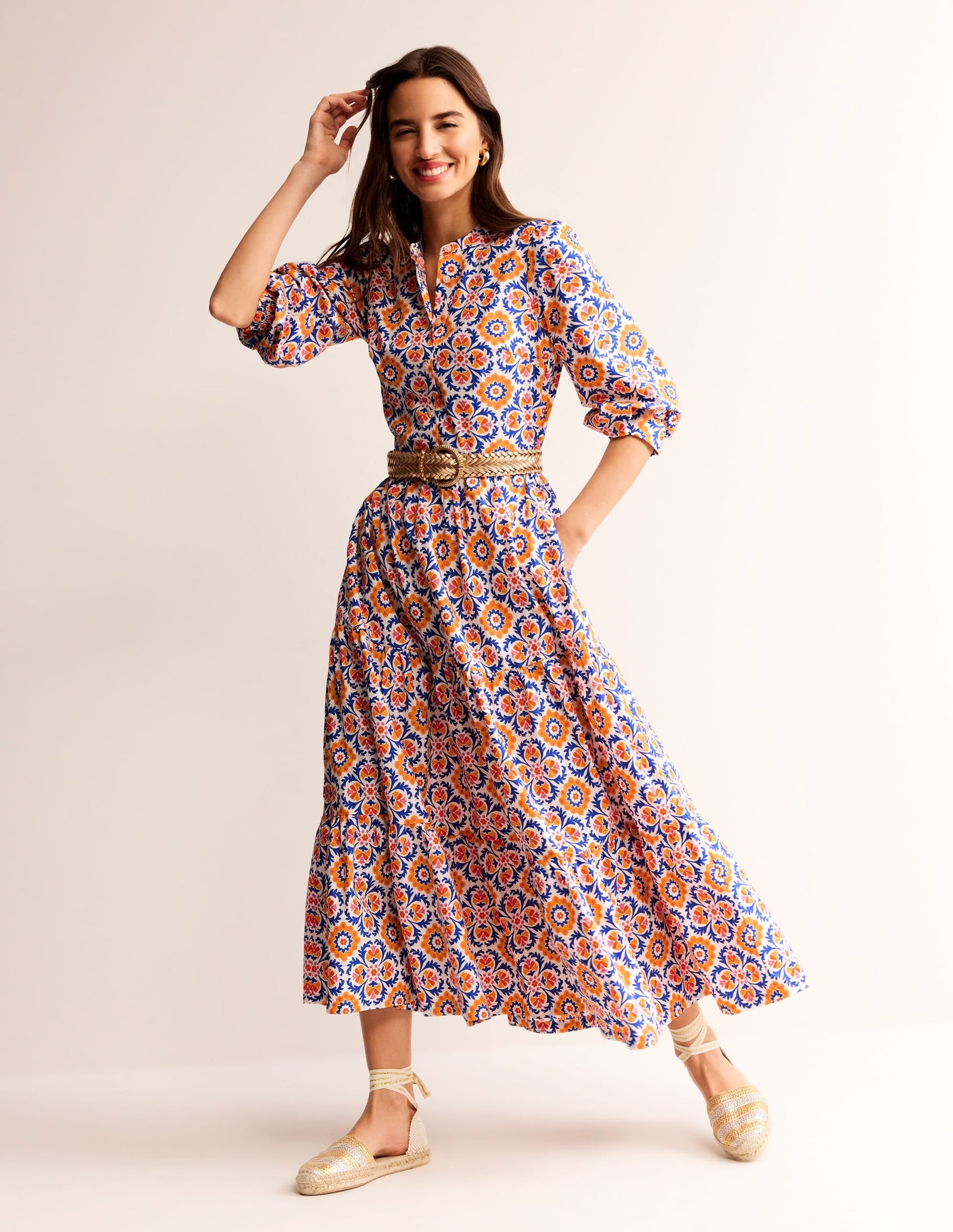 Alba Tiered Cotton Maxi Dress-Artisan's Gold, Mosaic Bloom-7