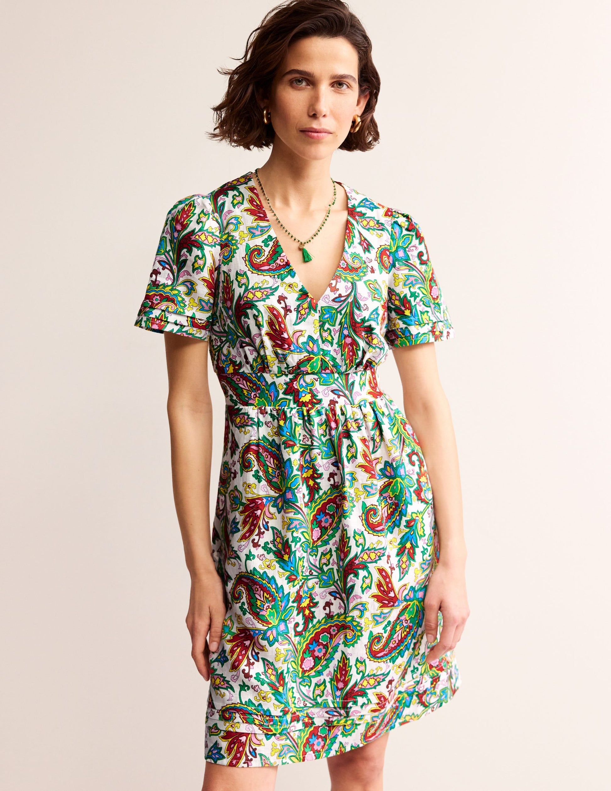 Eve Linen Short Dress-Ivory, Paisley Azure-1