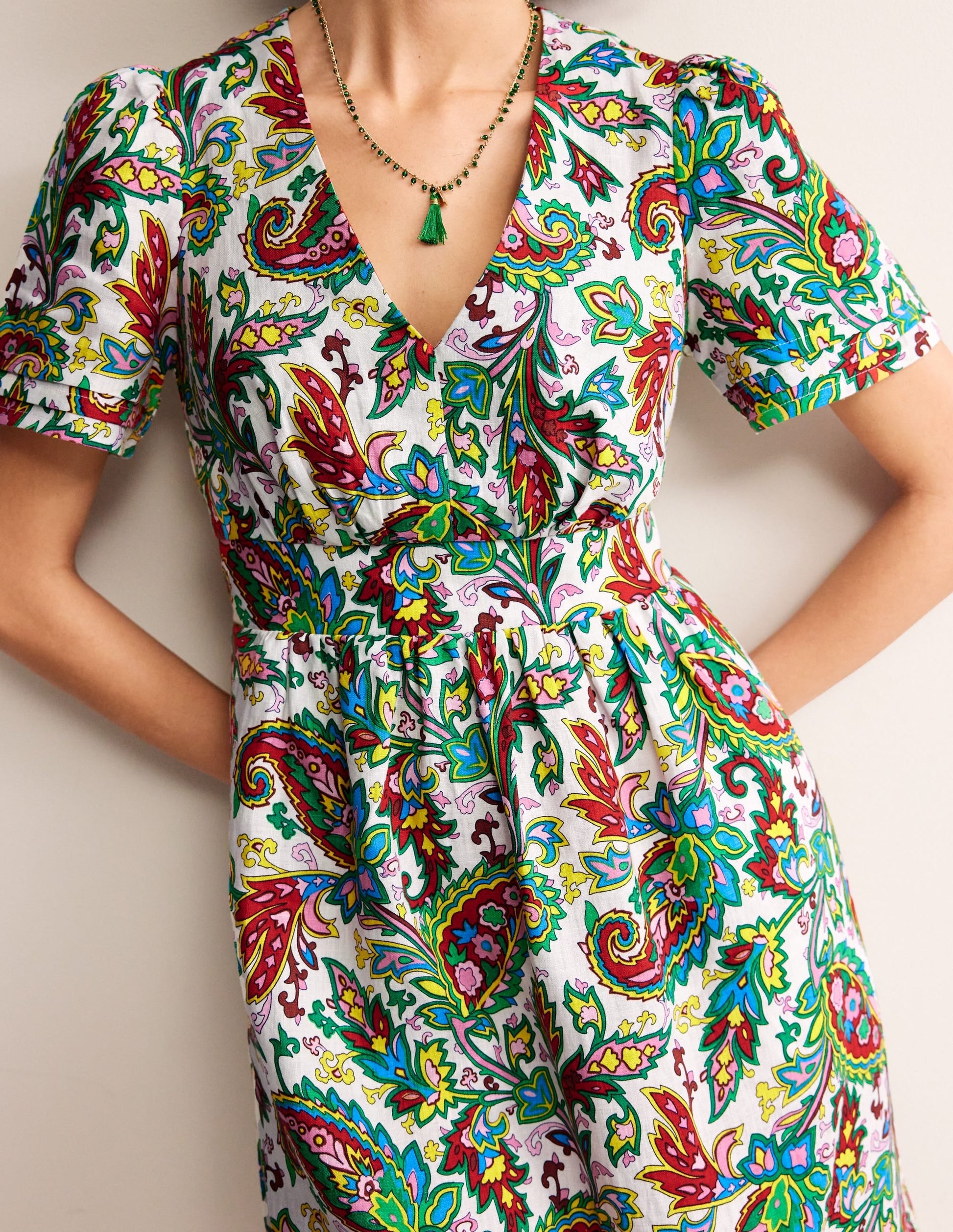 Eve Linen Short Dress-Ivory, Paisley Azure-2