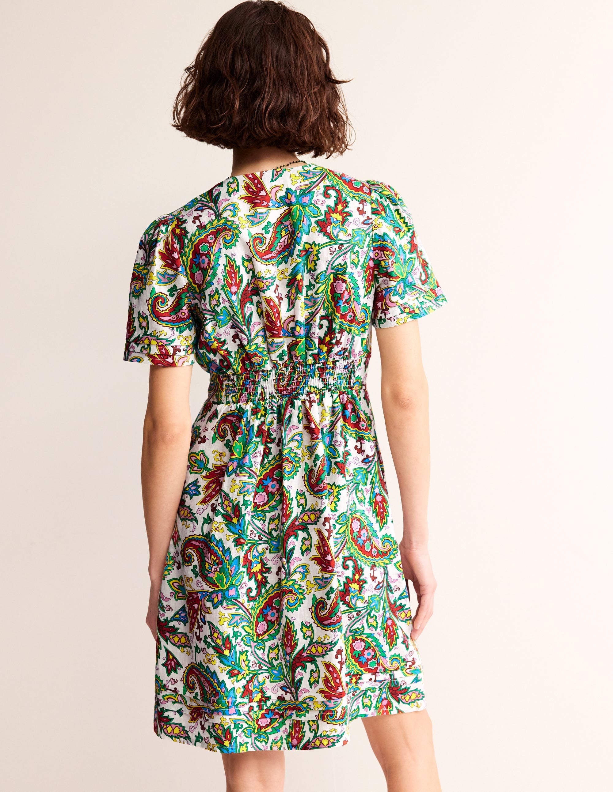 Eve Linen Short Dress-Ivory, Paisley Azure - Image 3