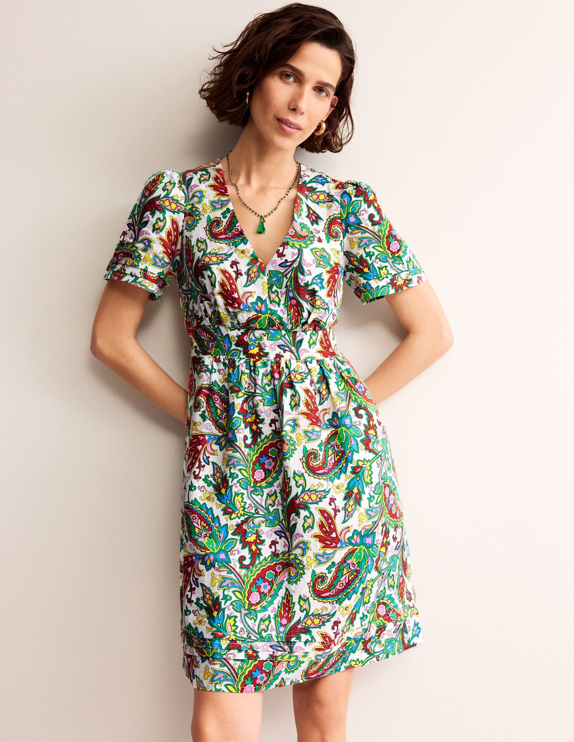 Eve Linen Short Dress-Ivory, Paisley Azure-4
