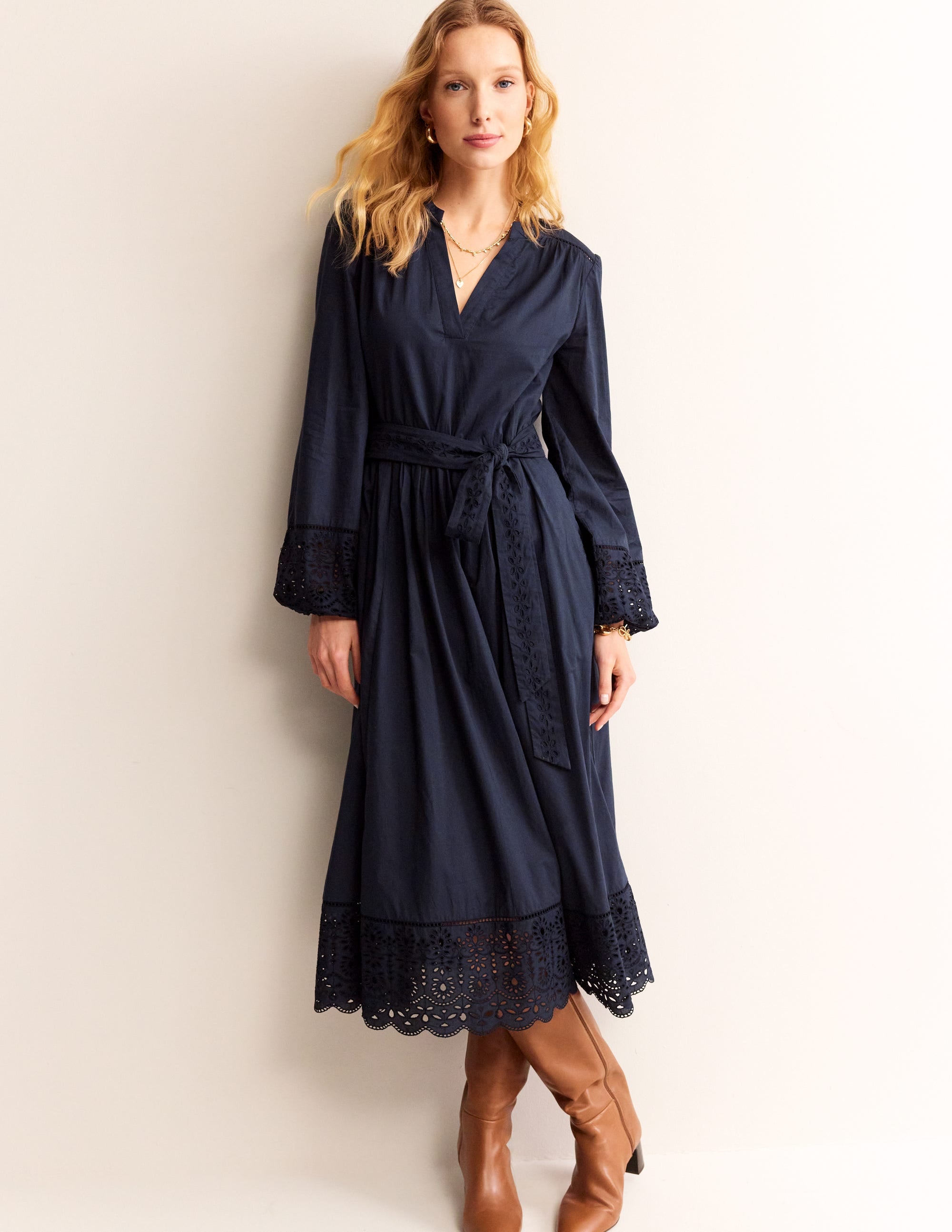 Jen Broderie Cotton Midi Dress-Navy - Image 1
