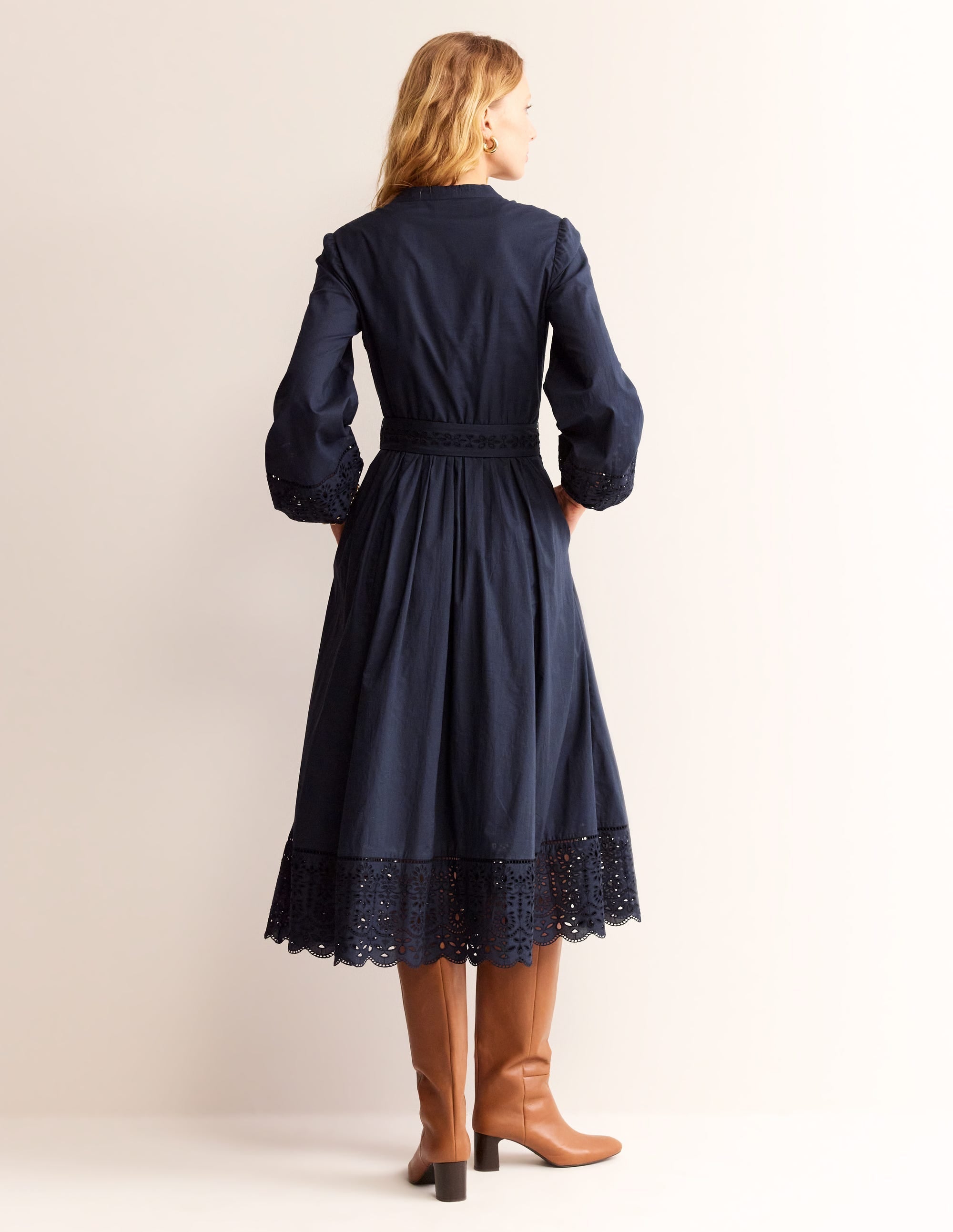 Jen Broderie Cotton Midi Dress-Navy - Image 3