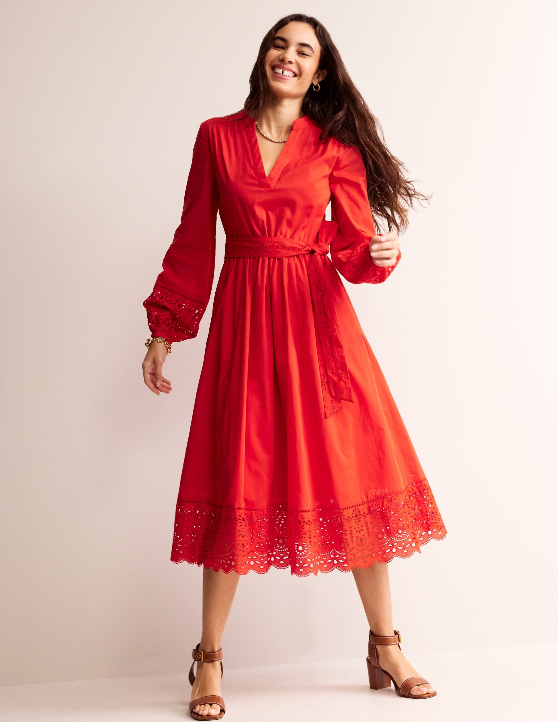 Jen Broderie Cotton Midi Dress-Vermillion Red-1