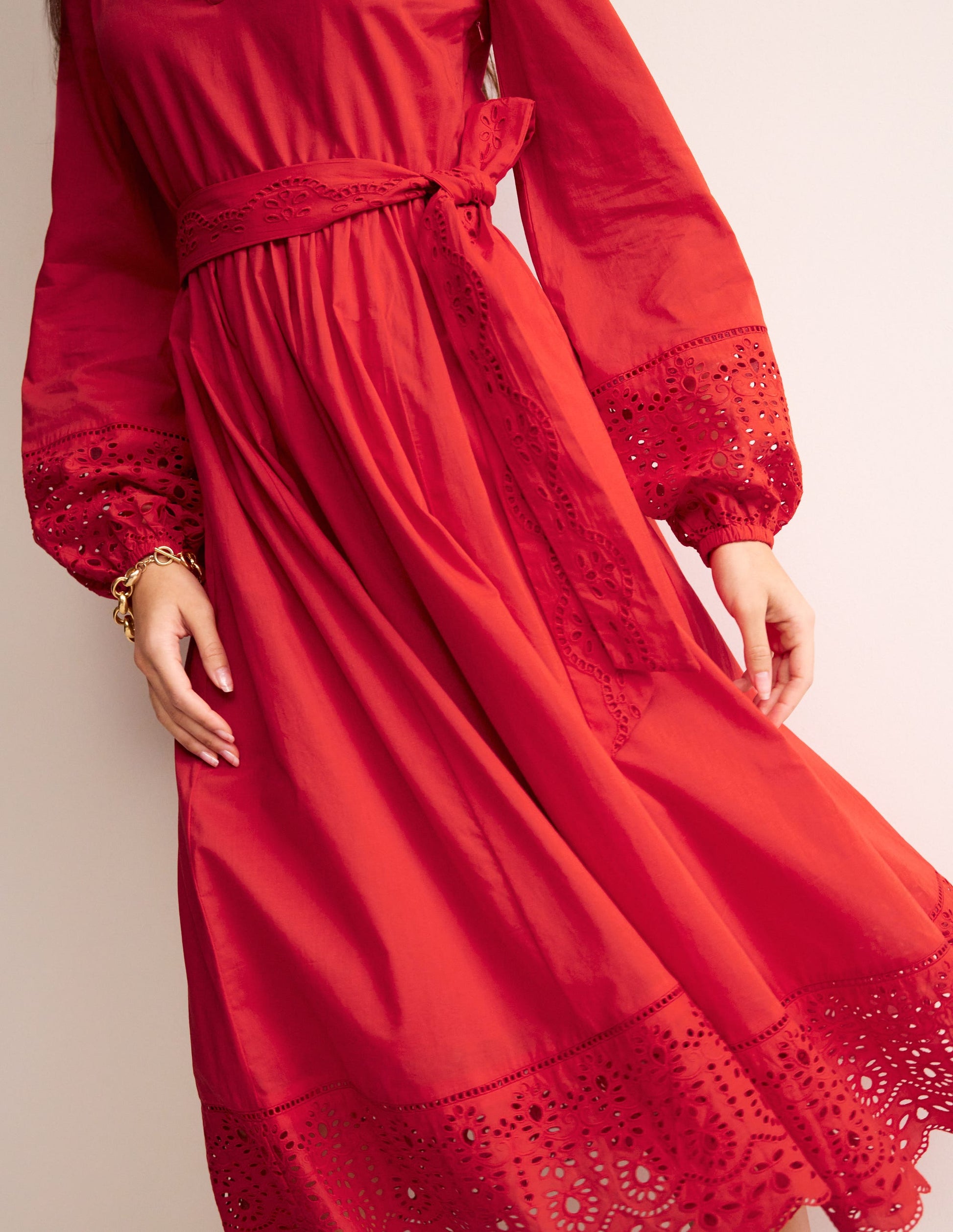 Jen Broderie Cotton Midi Dress-Vermillion Red-2