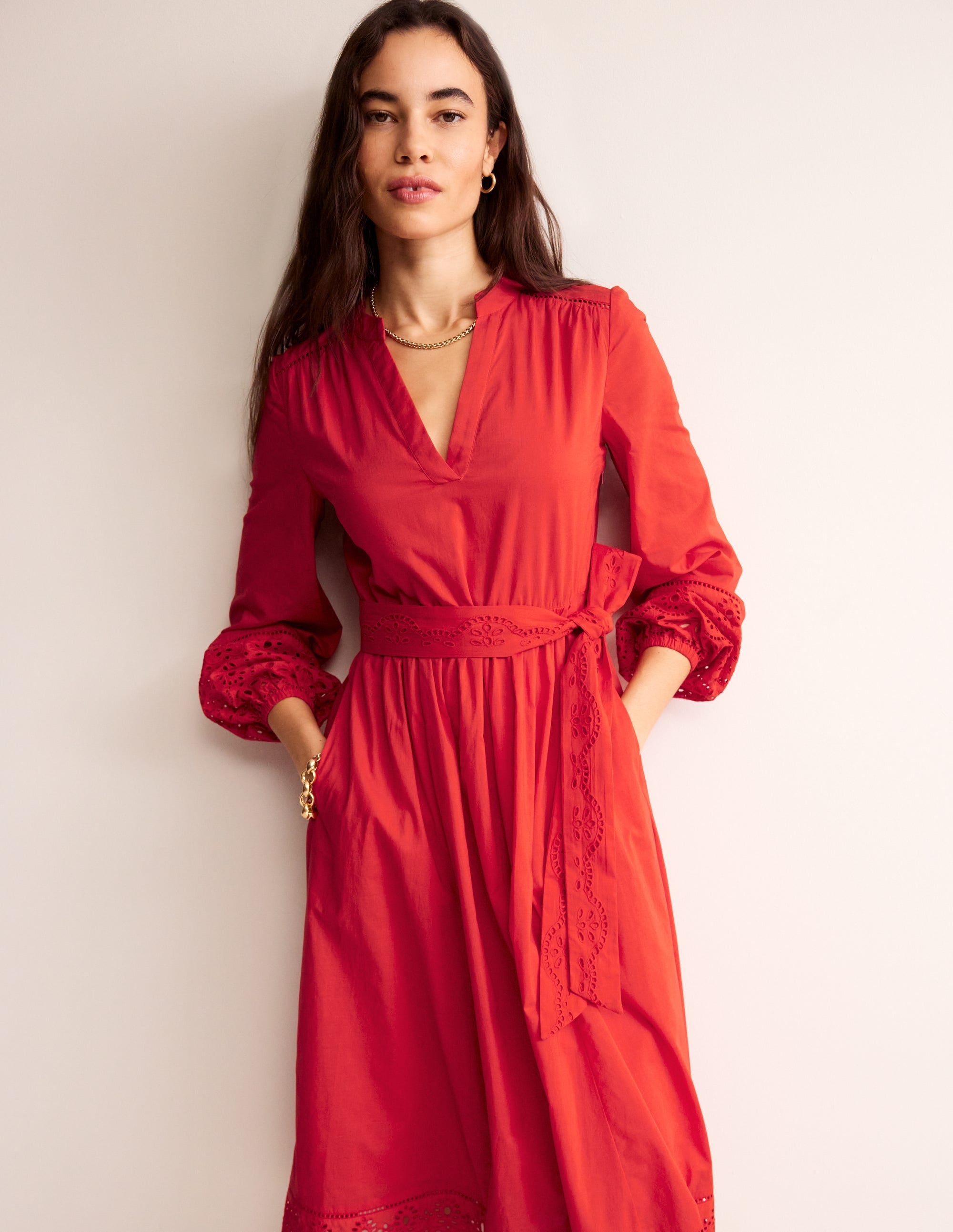 Jen Broderie Cotton Midi Dress-Vermillion Red - Image 4