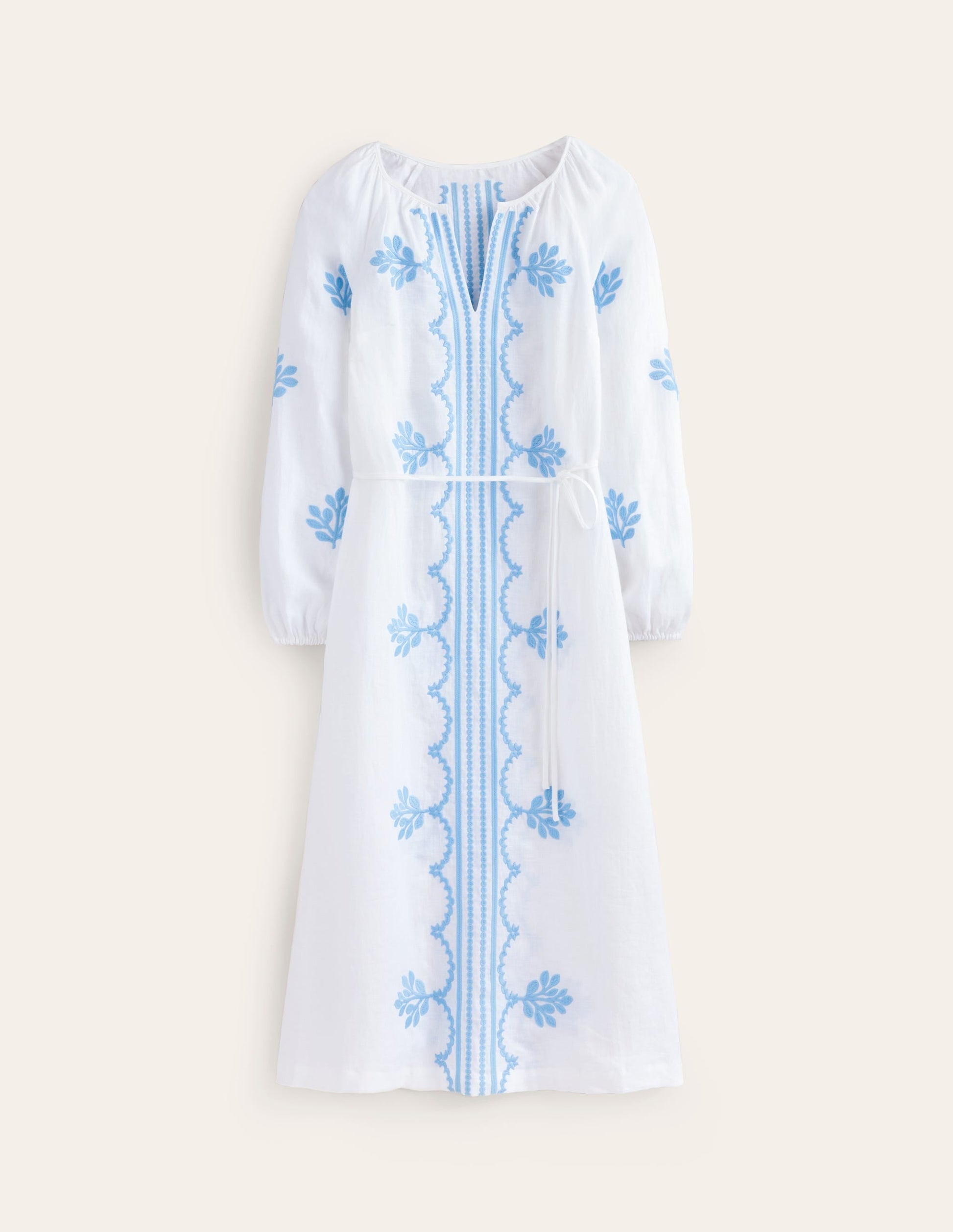 Embroidered Belted Linen Dress-White-6