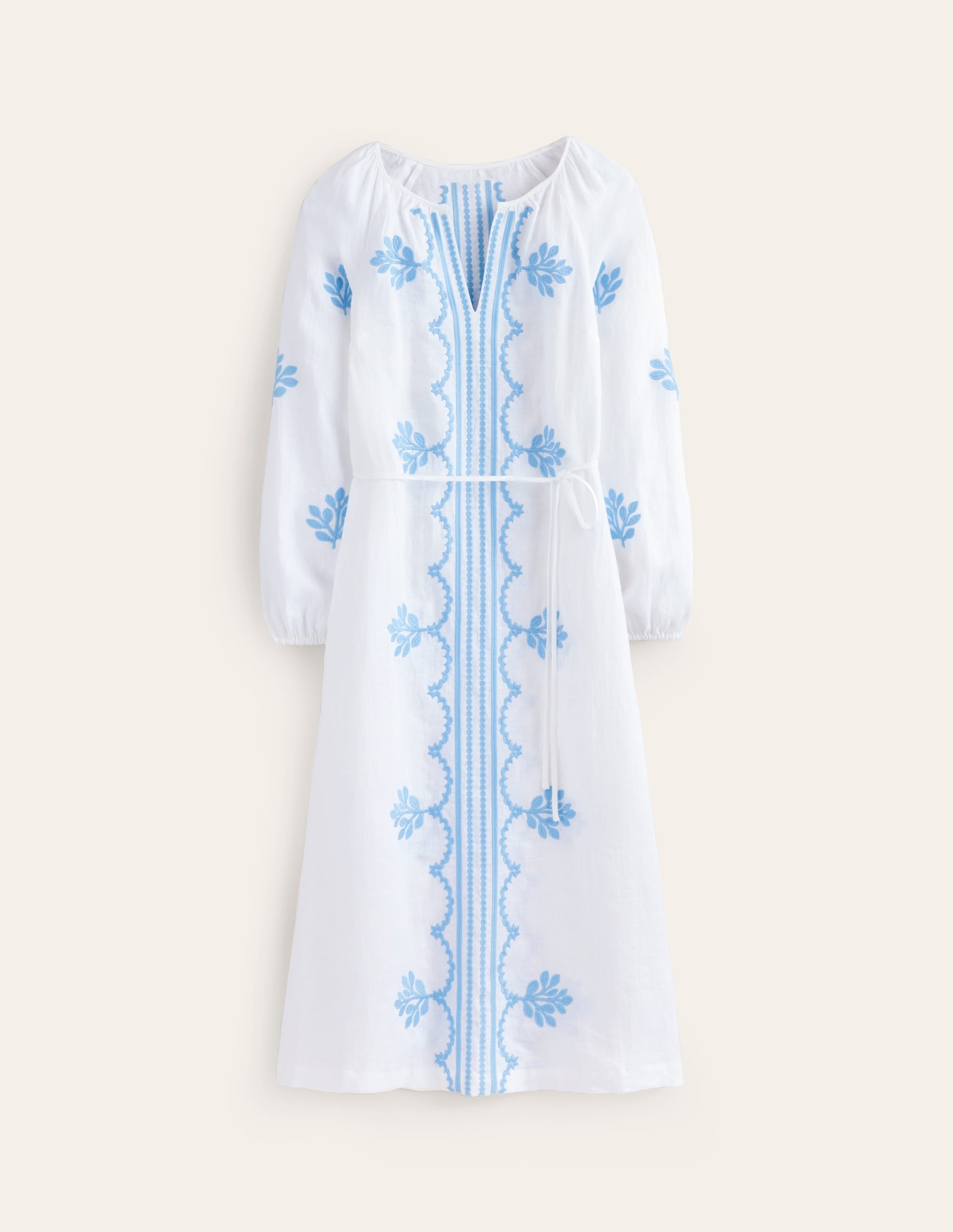 Embroidered Belted Linen Dress-White - Image 6