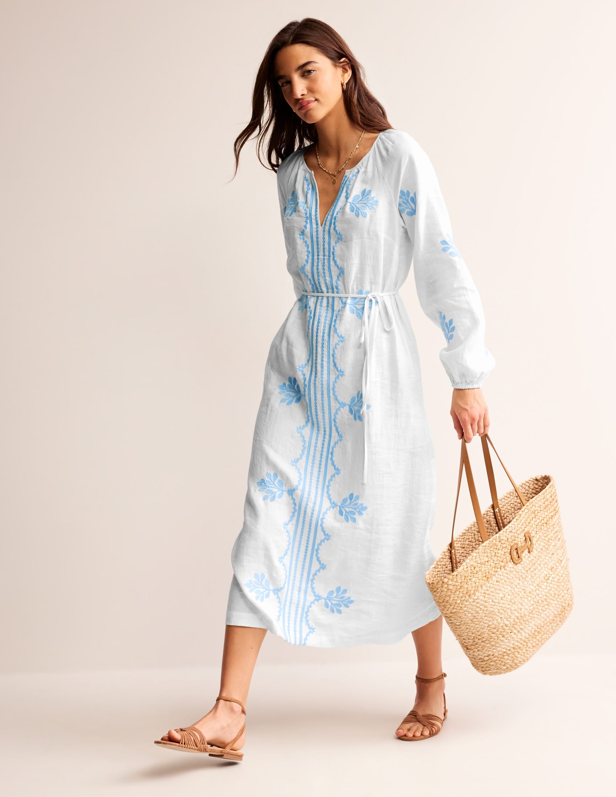 Embroidered Belted Linen Dress-White - Image 1
