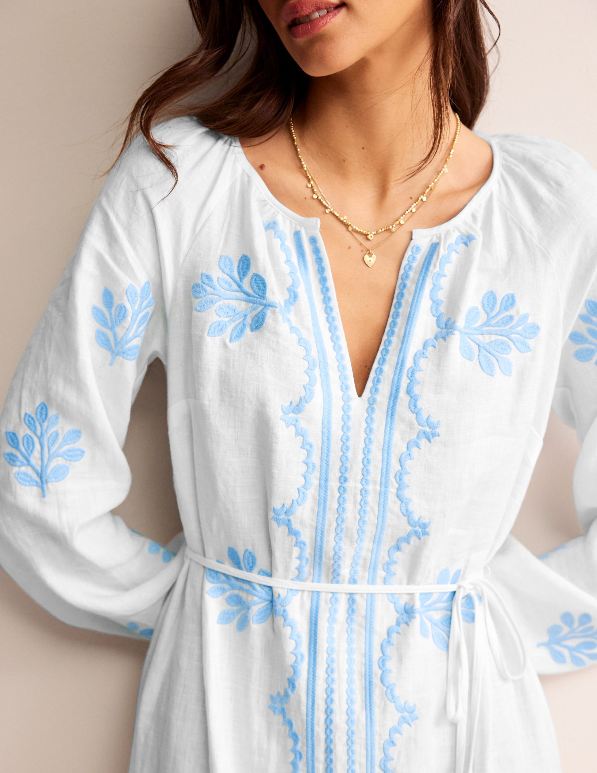 Embroidered Belted Linen Dress-White-2