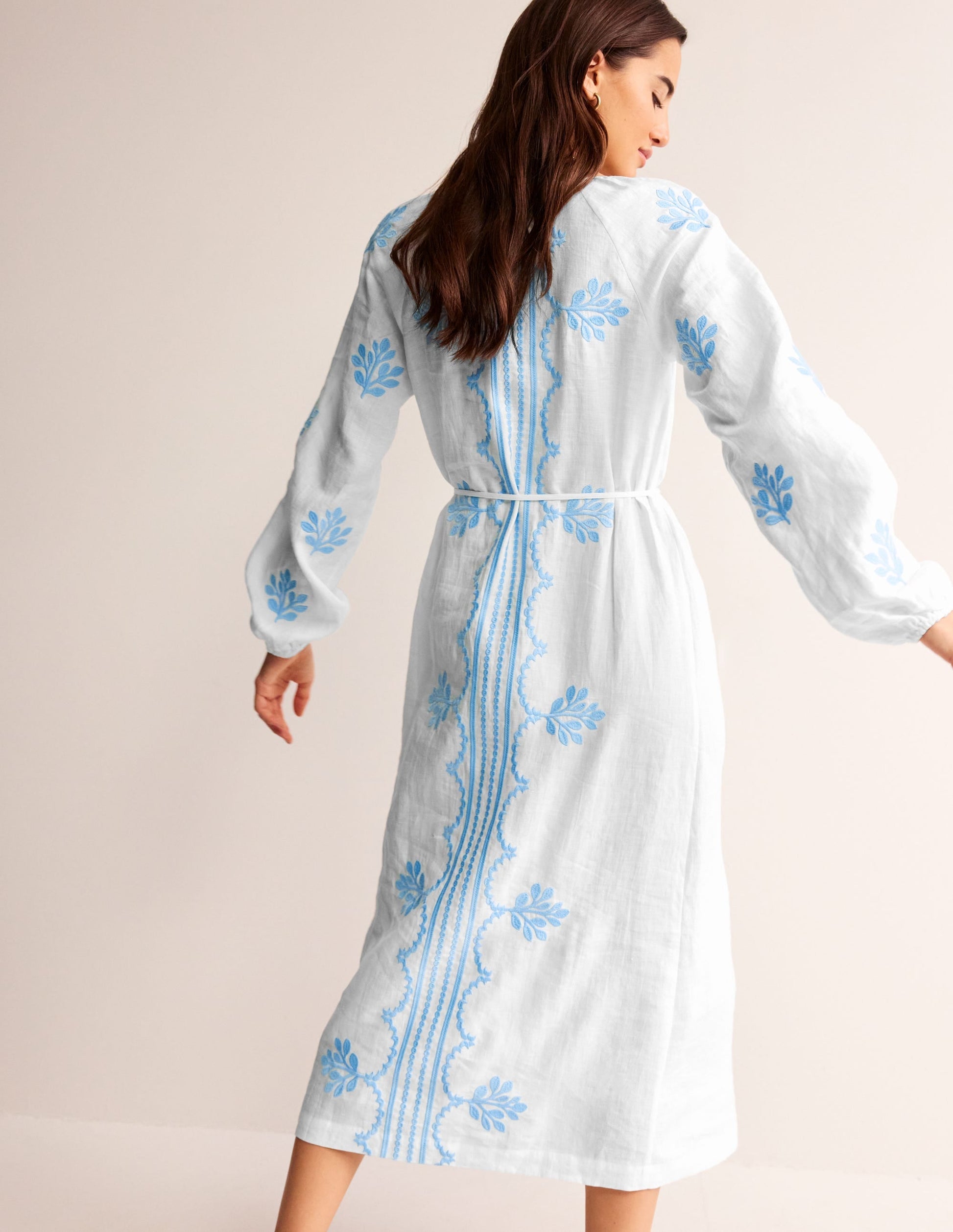 Embroidered Belted Linen Dress-White-3