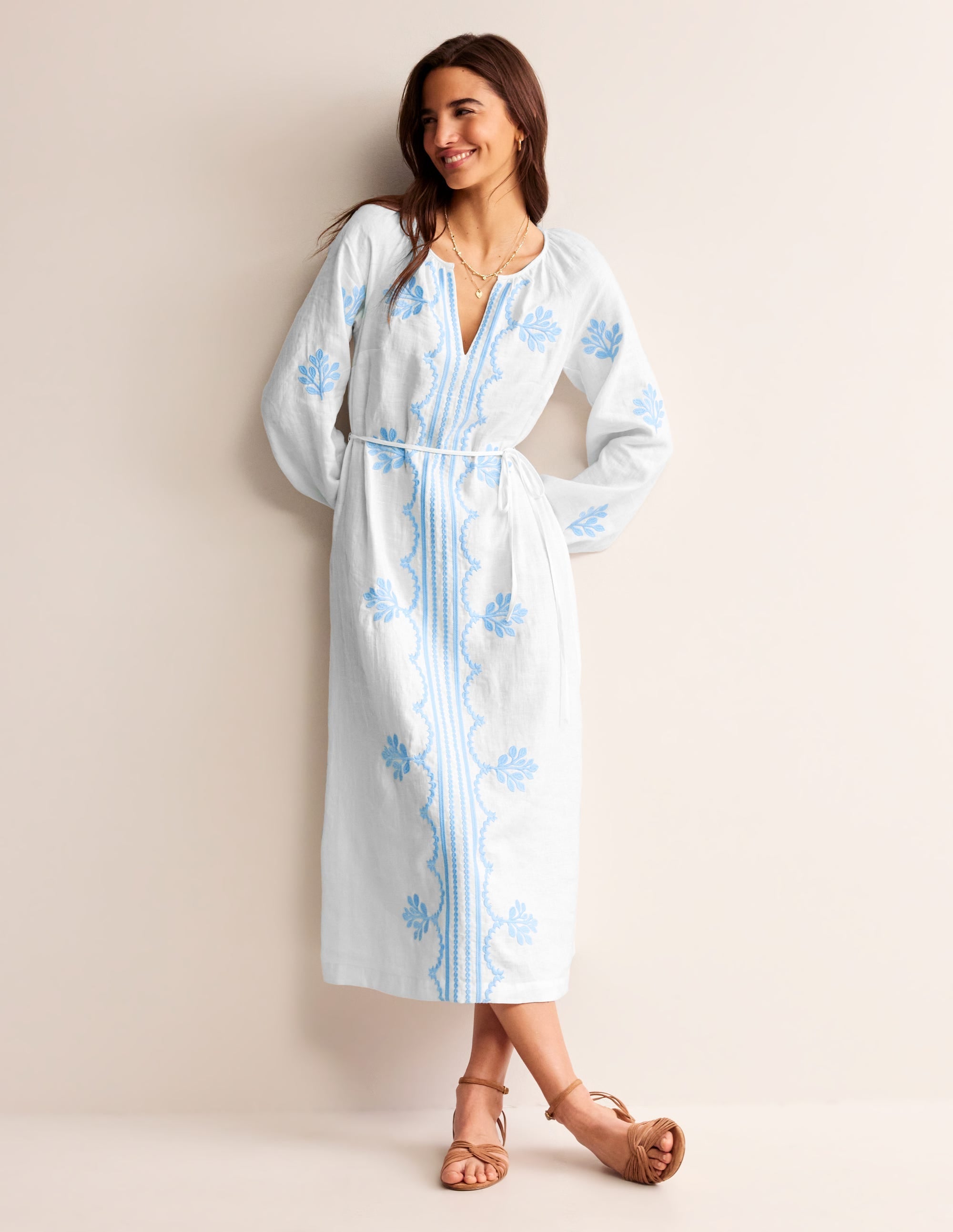 Embroidered Belted Linen Dress-White - Image 4