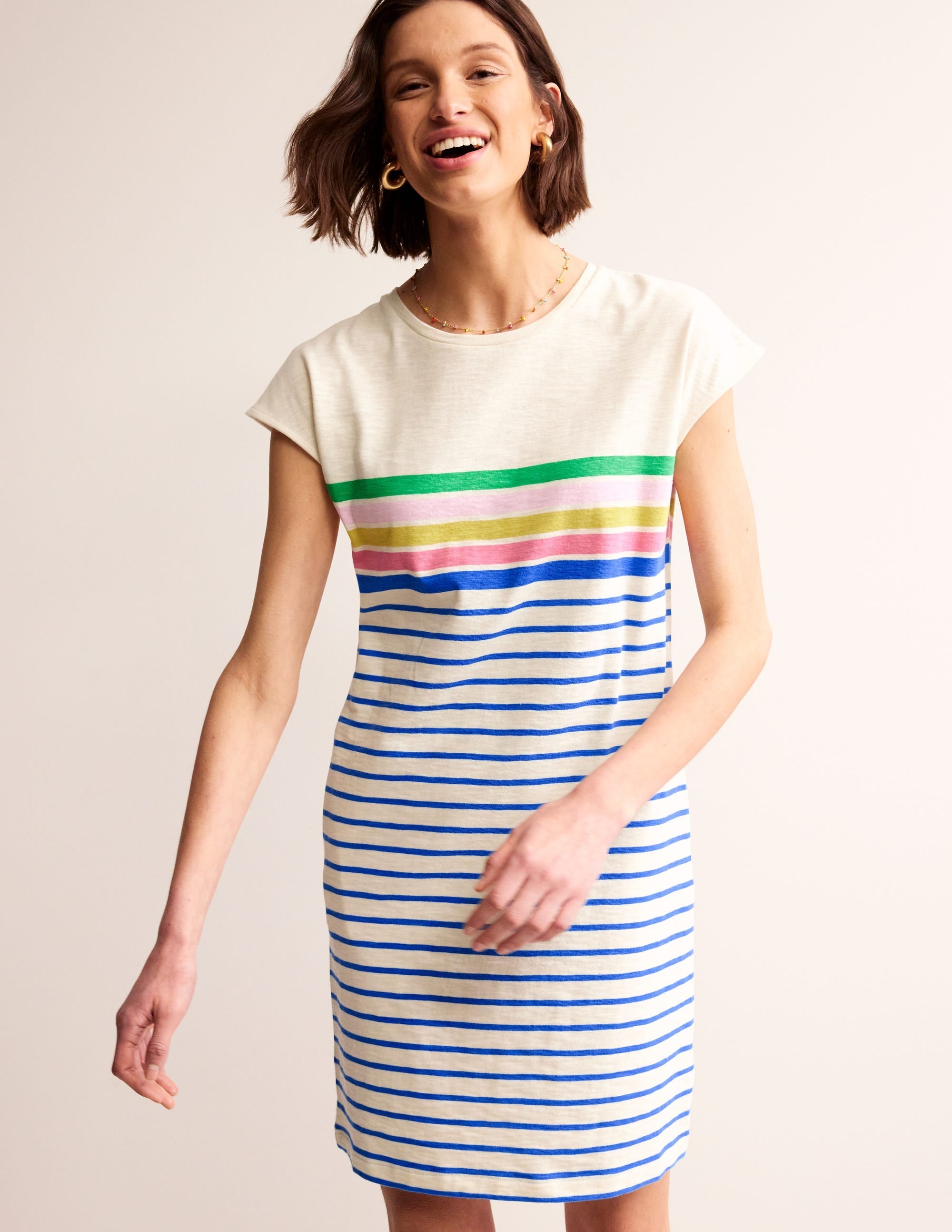 Leah Jersey T-shirt Dress-Green, Sangria Multistripe - Image 1
