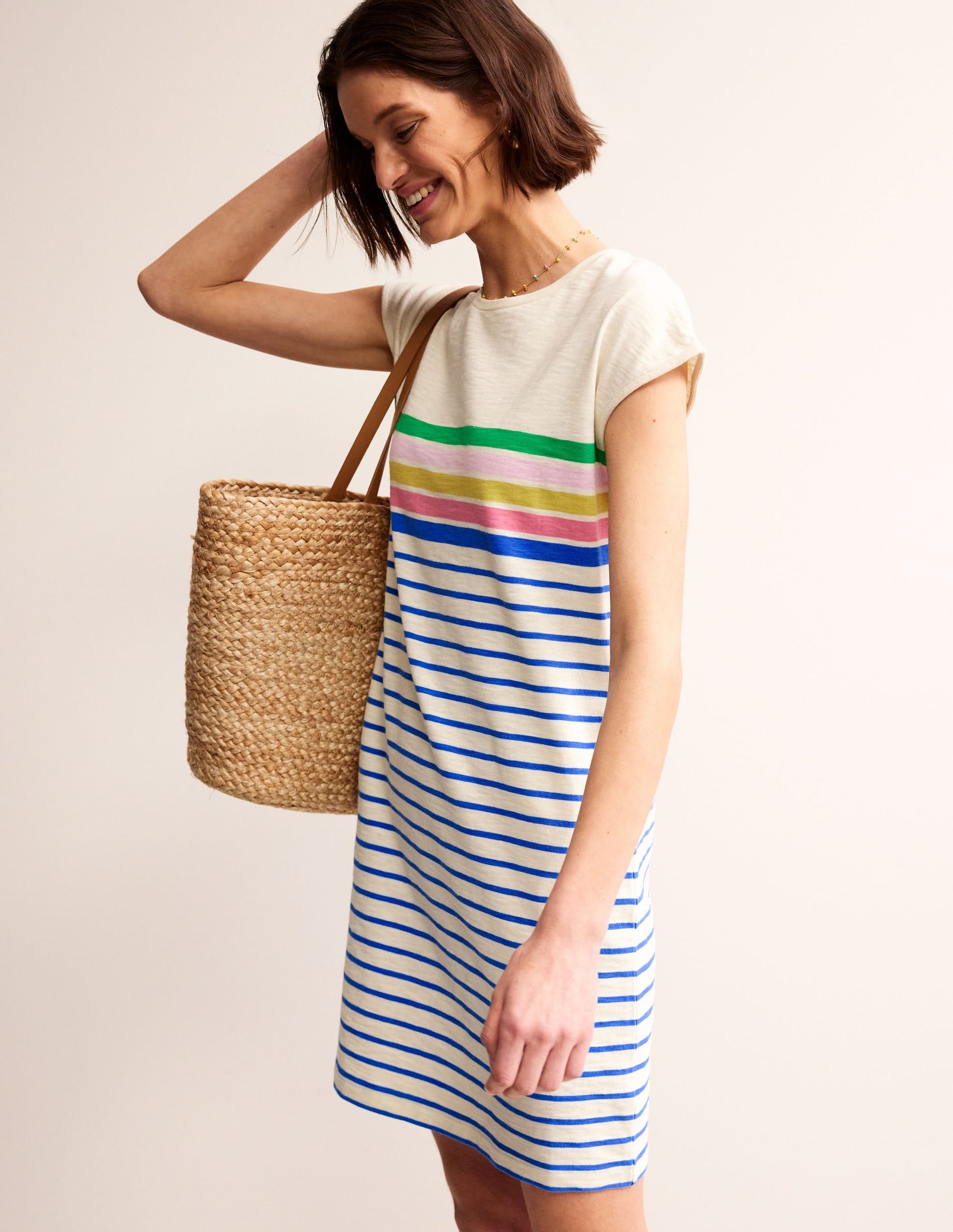 Leah Jersey T-shirt Dress-Green, Sangria Multistripe-4
