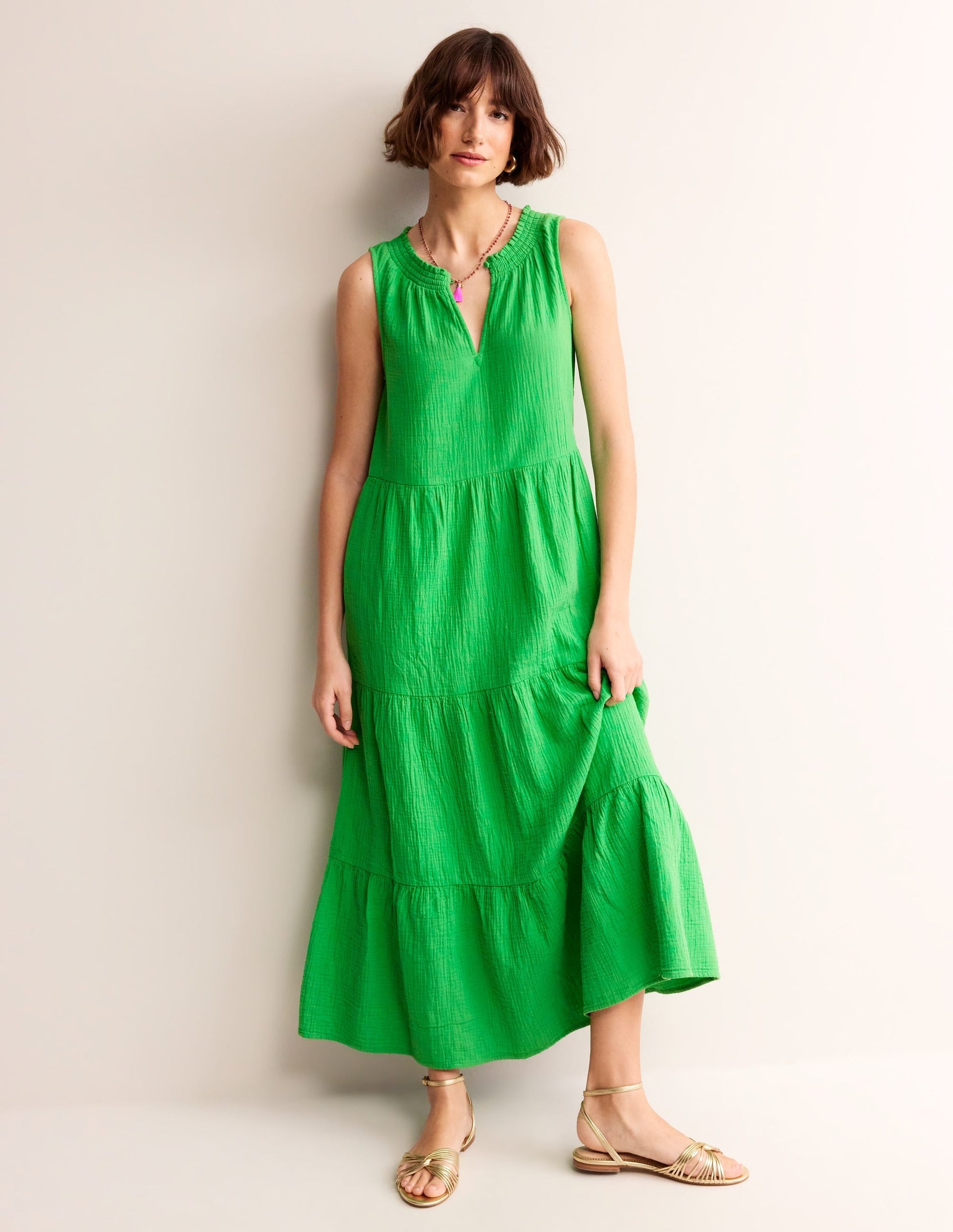 Double Cloth Maxi Tiered Dress-Kelly Green-1