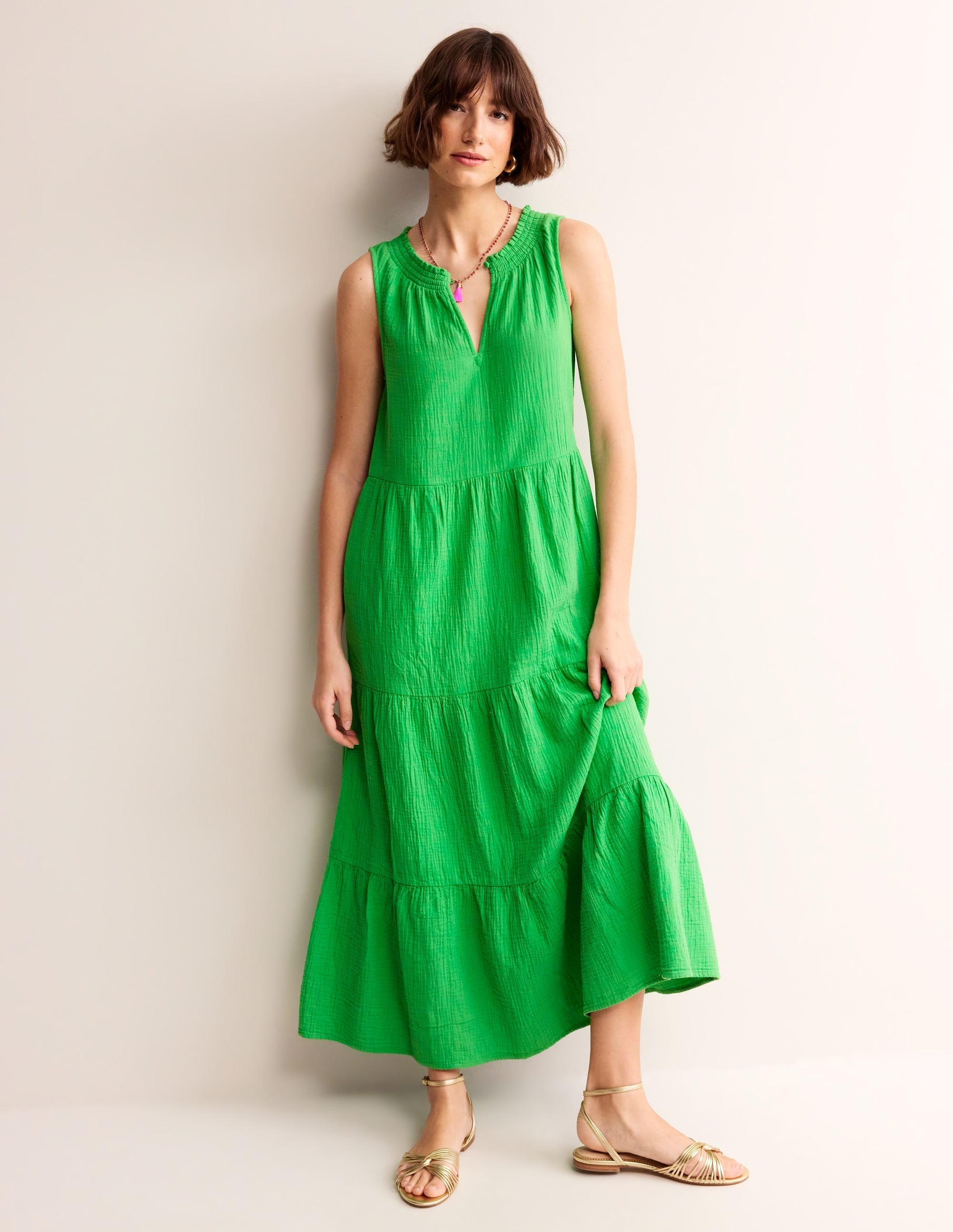 Double Cloth Maxi Tiered Dress-Kelly Green - Image 1