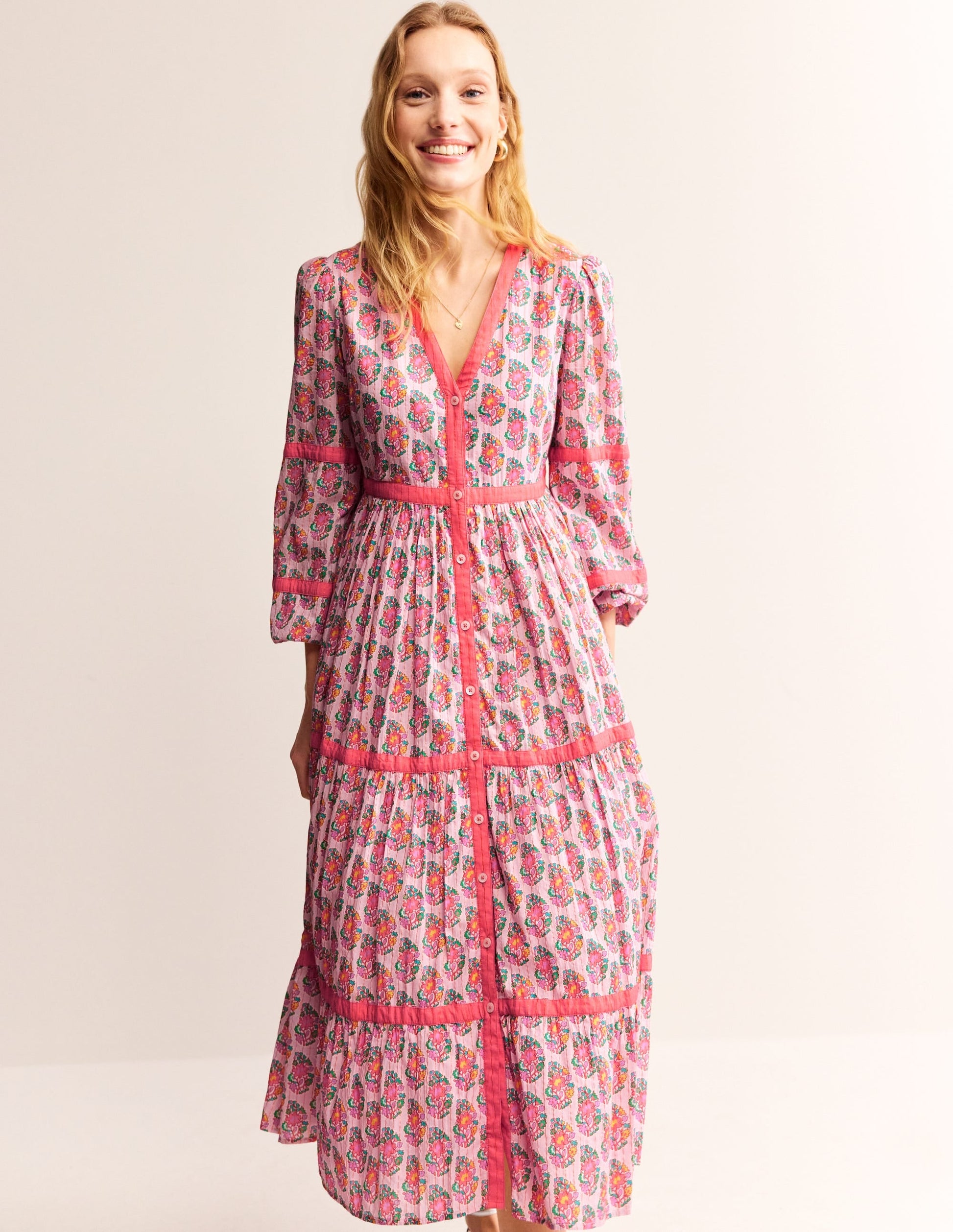 Tiered Midi V Neck Dress-Fragrent Lily, Paisley-1