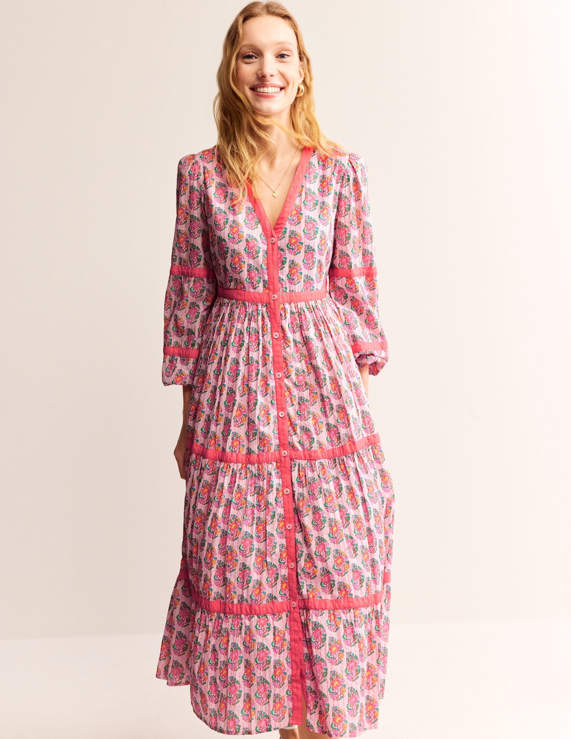 Tiered Midi V Neck Dress-Fragrent Lily, Paisley - Image 1