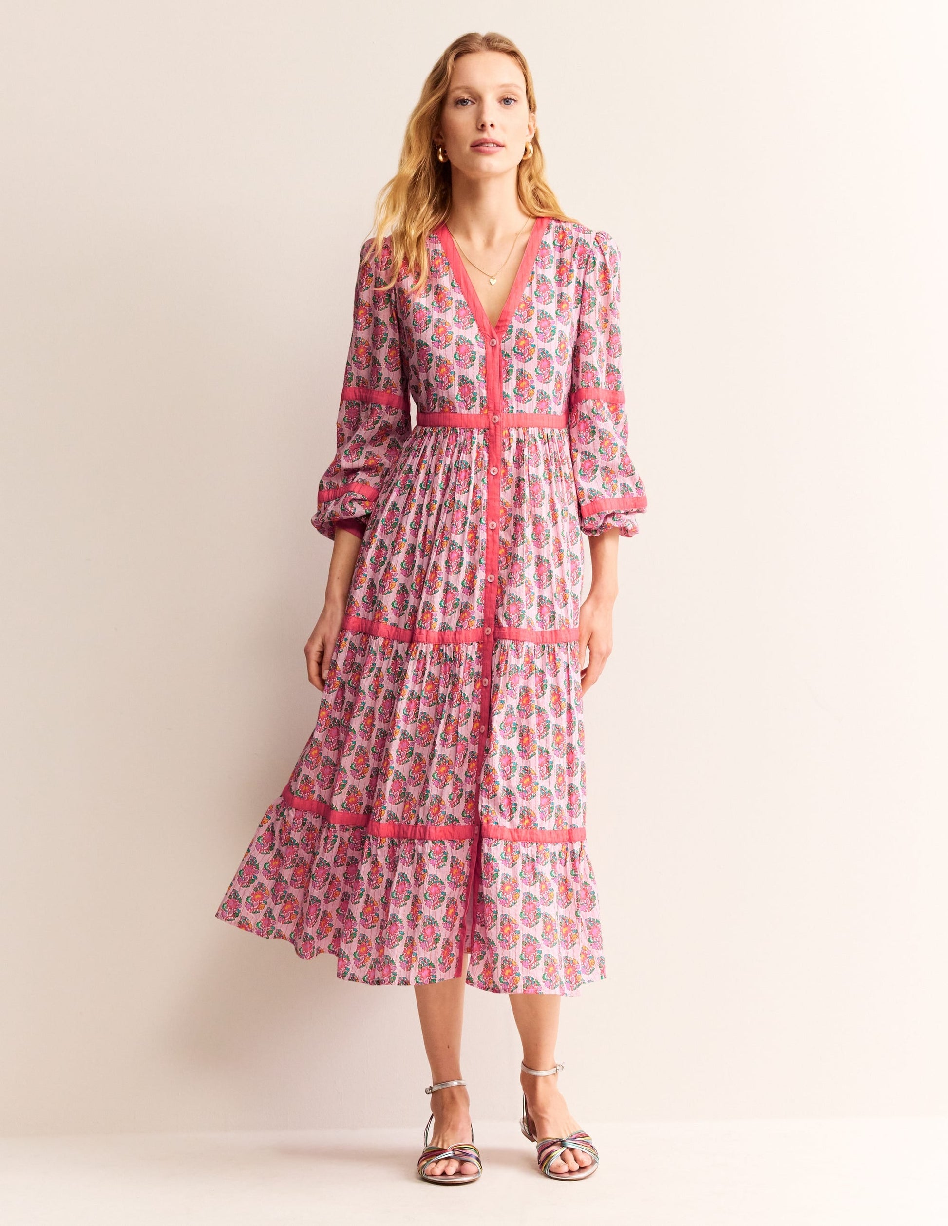 Tiered Midi V Neck Dress-Fragrent Lily, Paisley-4
