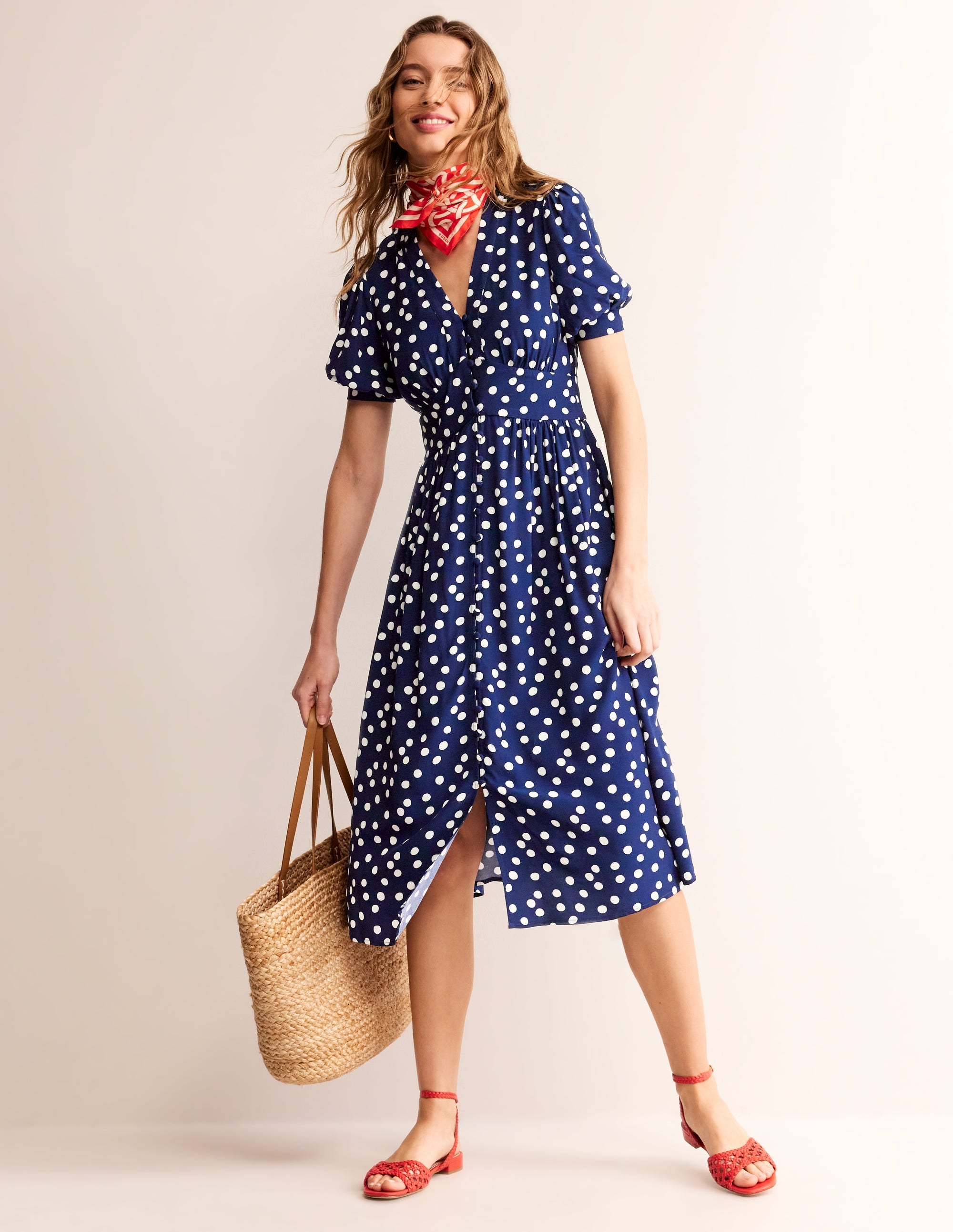 Elsa Midi Tea Dress-Navy Spot - Image 6