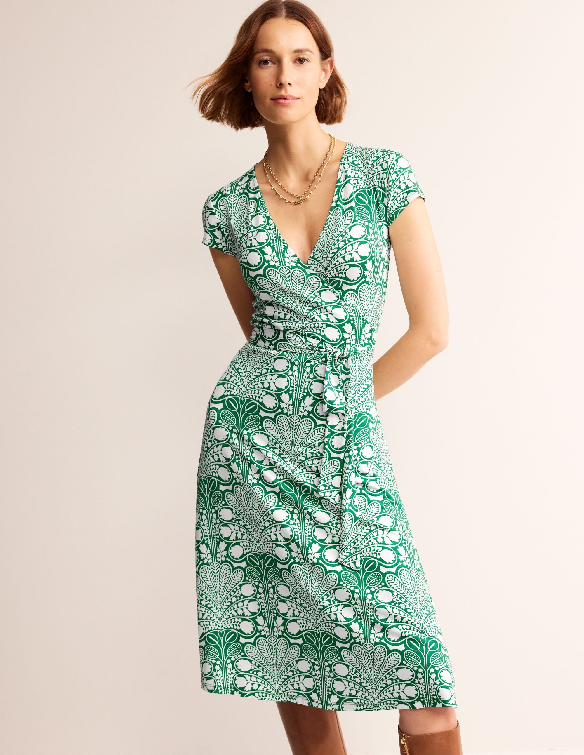 Joanna Cap Sleeve Wrap Dress-Green, Gardenia Swirl - Image 1