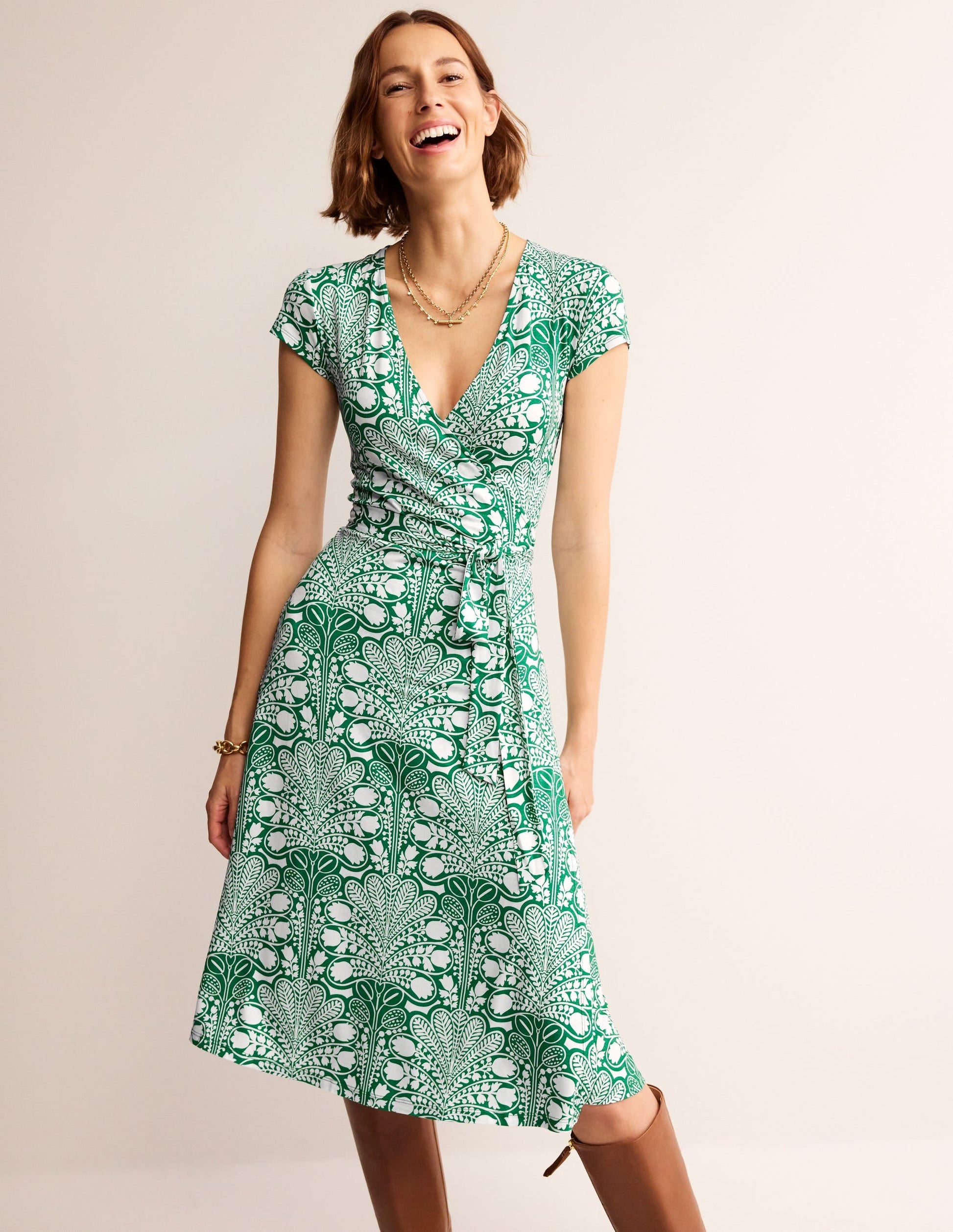 Joanna Cap Sleeve Wrap Dress-Green, Gardenia Swirl-4