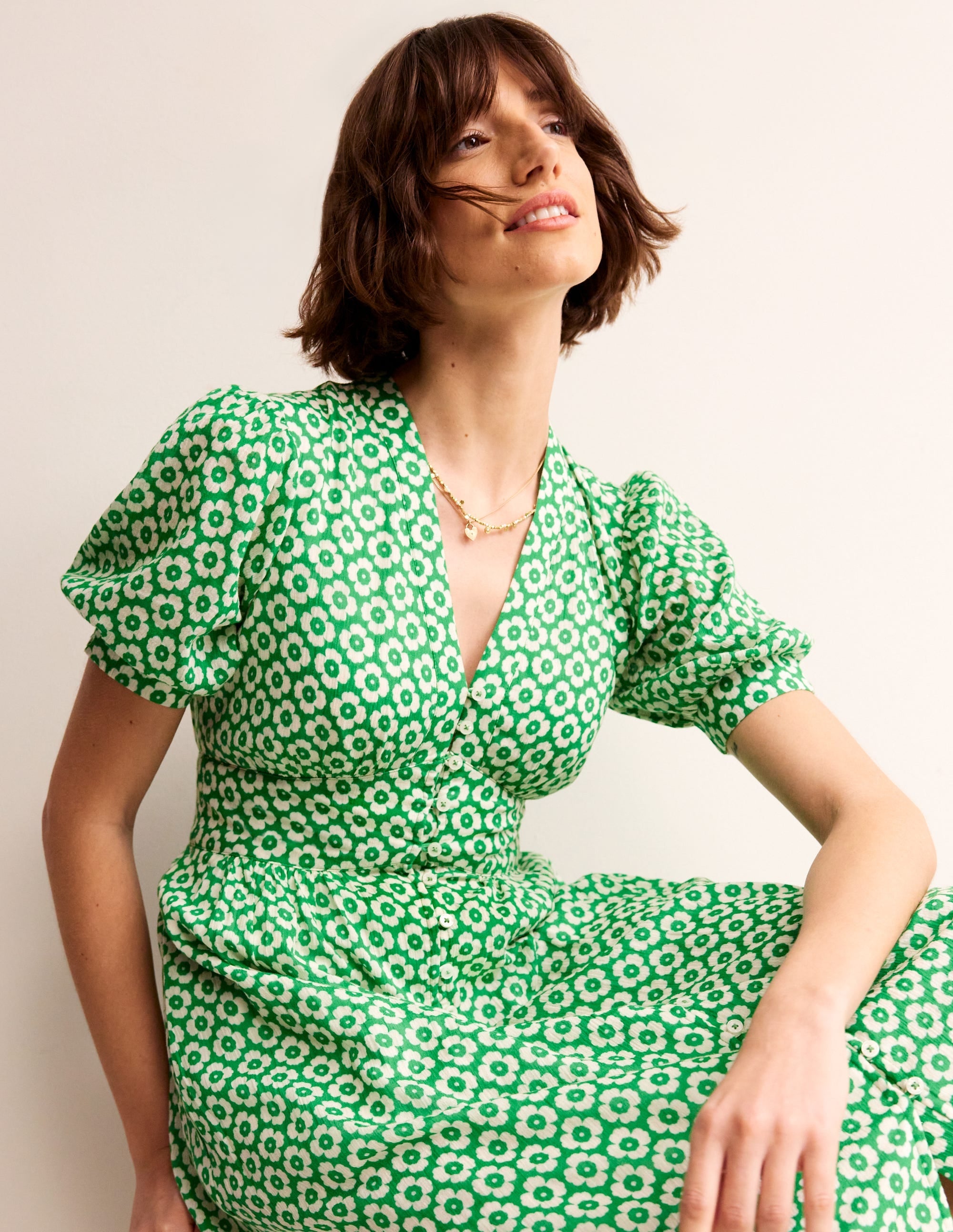 Elsa Crinkle Midi Tea Dress-Green Tambourine, Primrose - Image 1