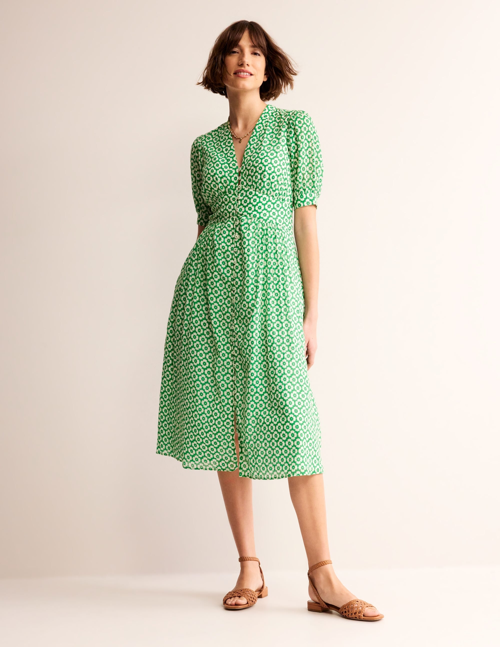 Elsa Crinkle Midi Tea Dress-Green Tambourine, Primrose - Image 2