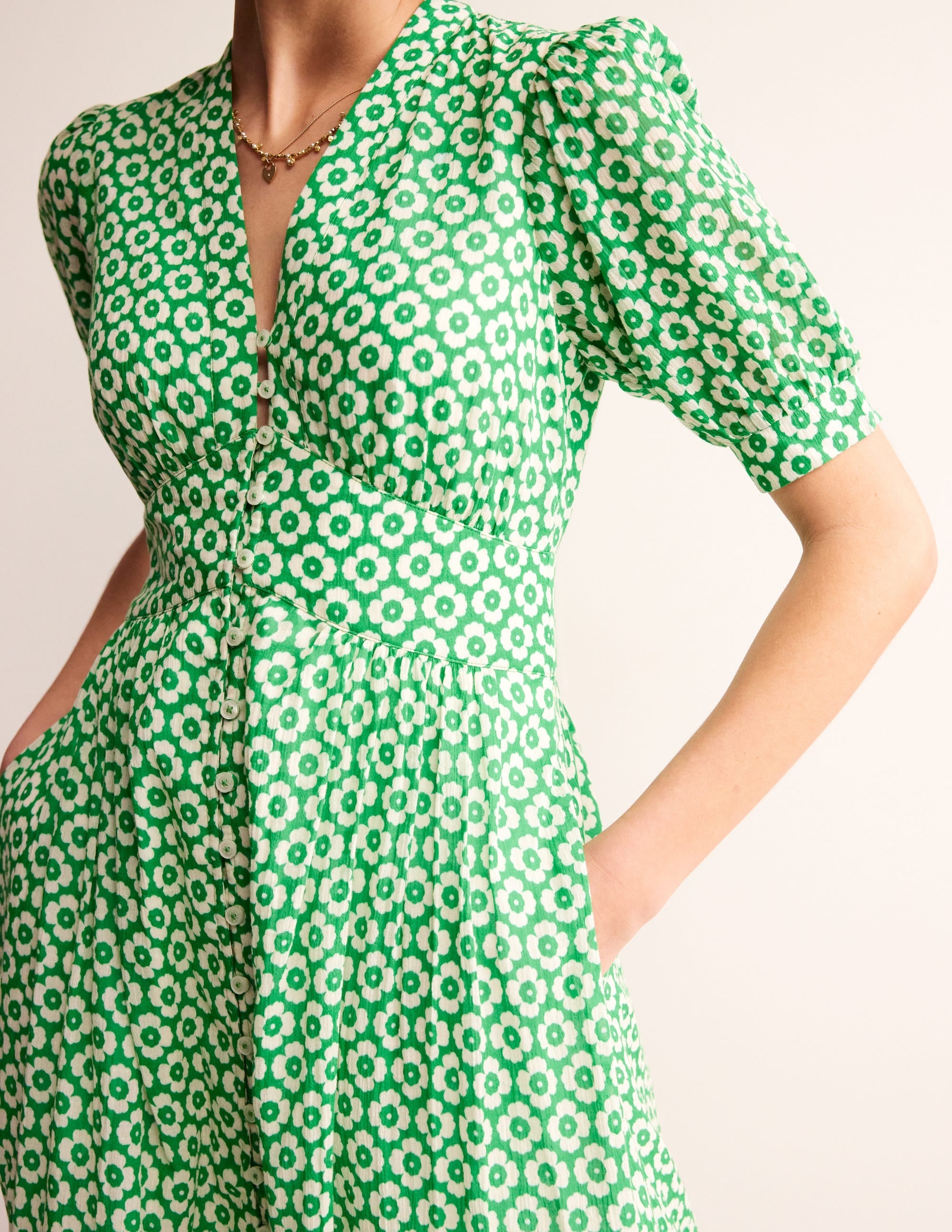Elsa Crinkle Midi Tea Dress-Green Tambourine, Primrose - Image 3
