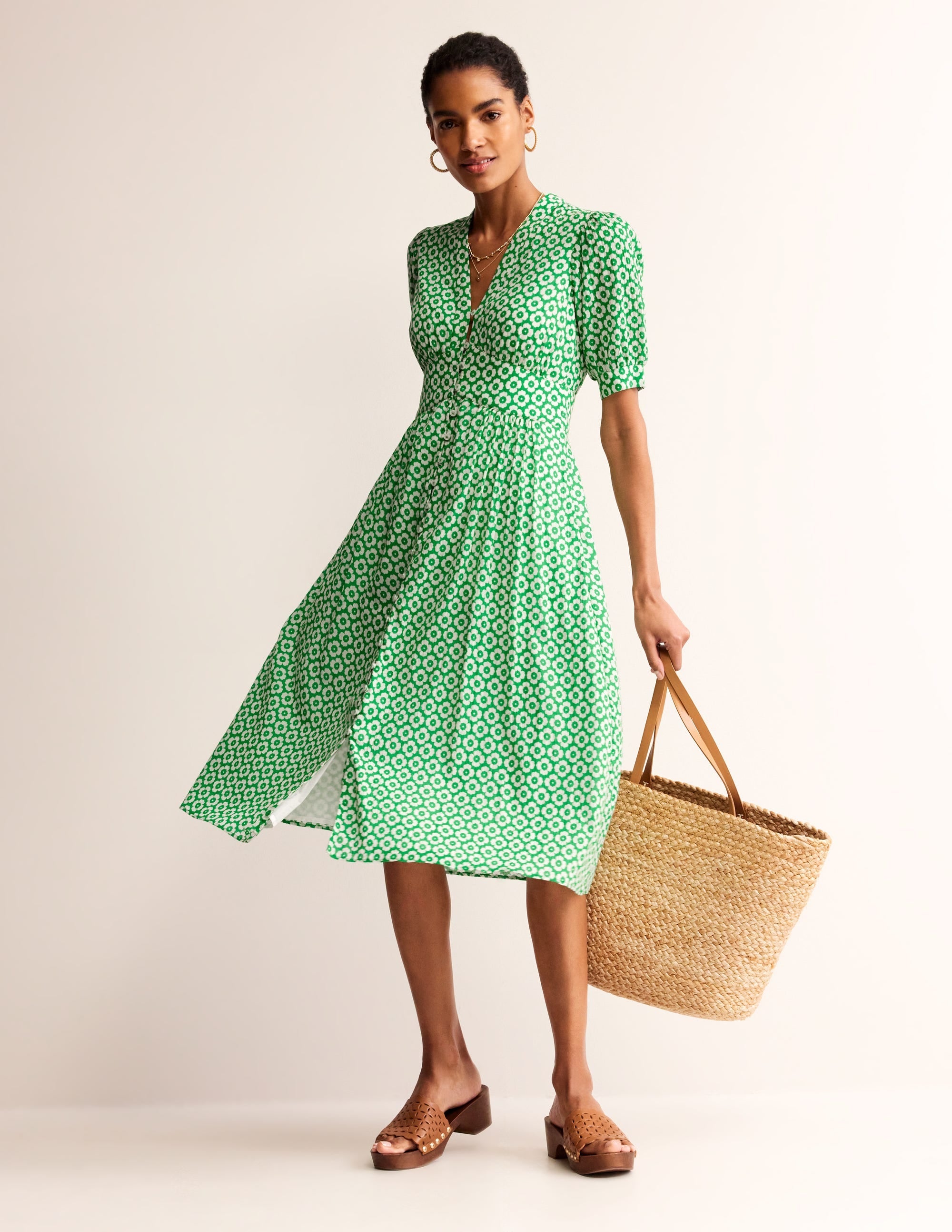 Elsa Crinkle Midi Tea Dress-Green Tambourine, Primrose - Image 5