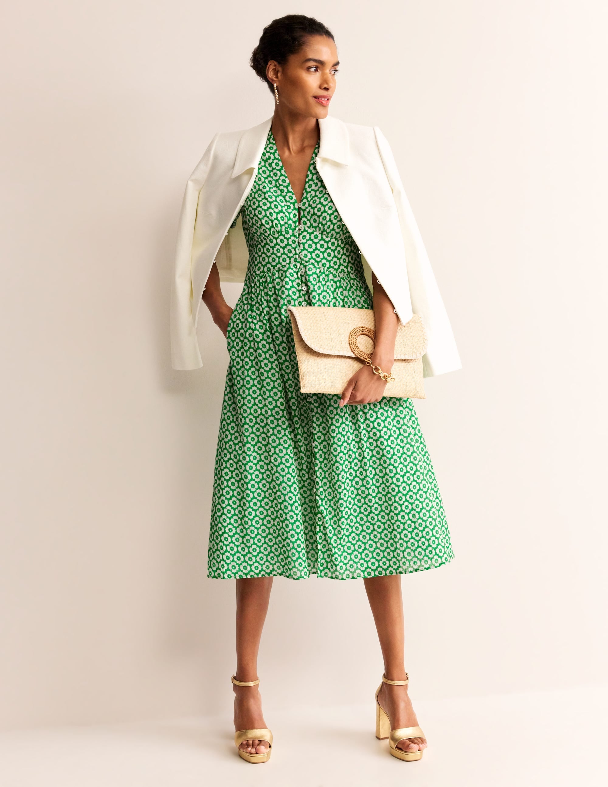 Elsa Crinkle Midi Tea Dress-Green Tambourine, Primrose - Image 6