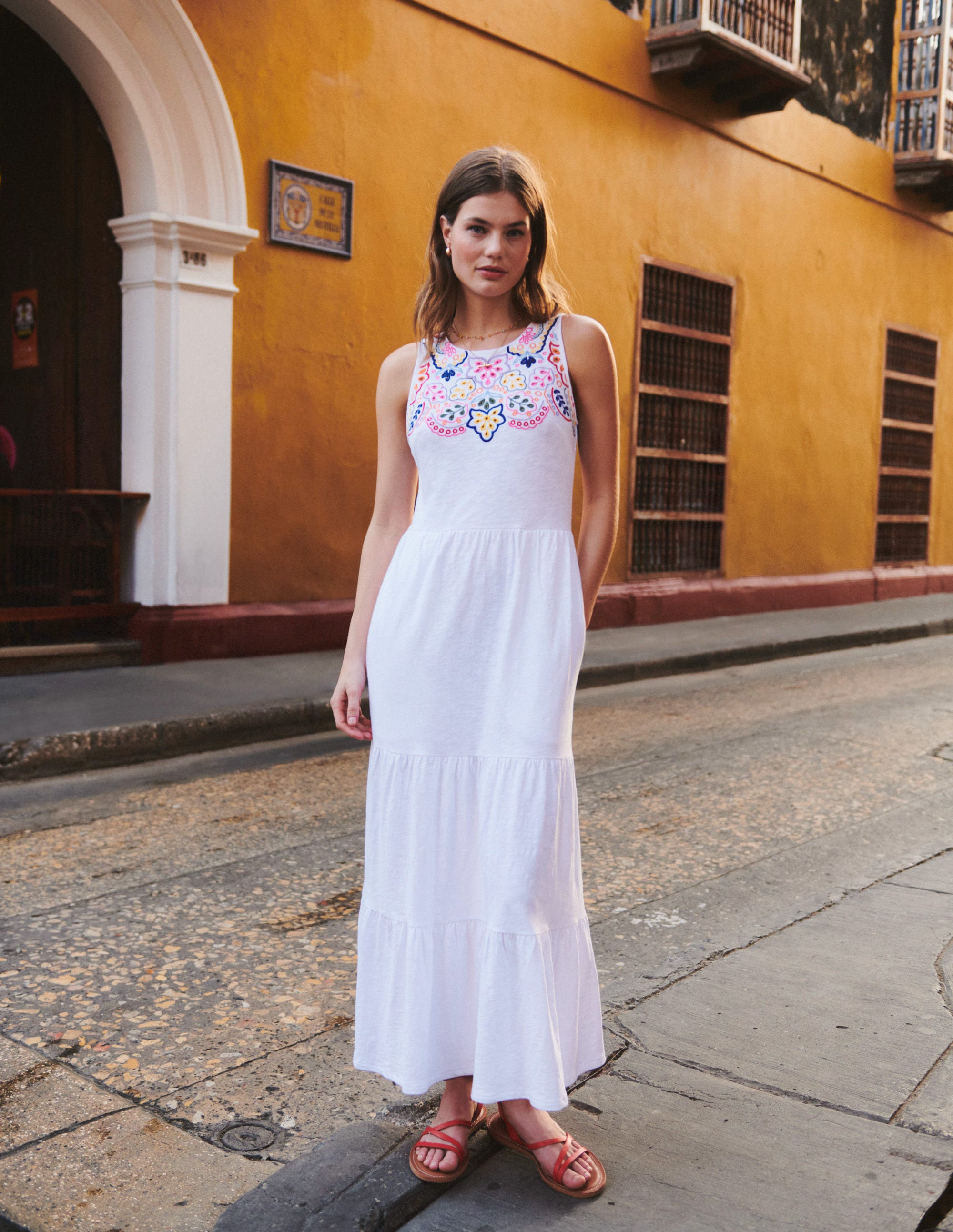 Embroidered Jersey Midi Dress-White - Image 5