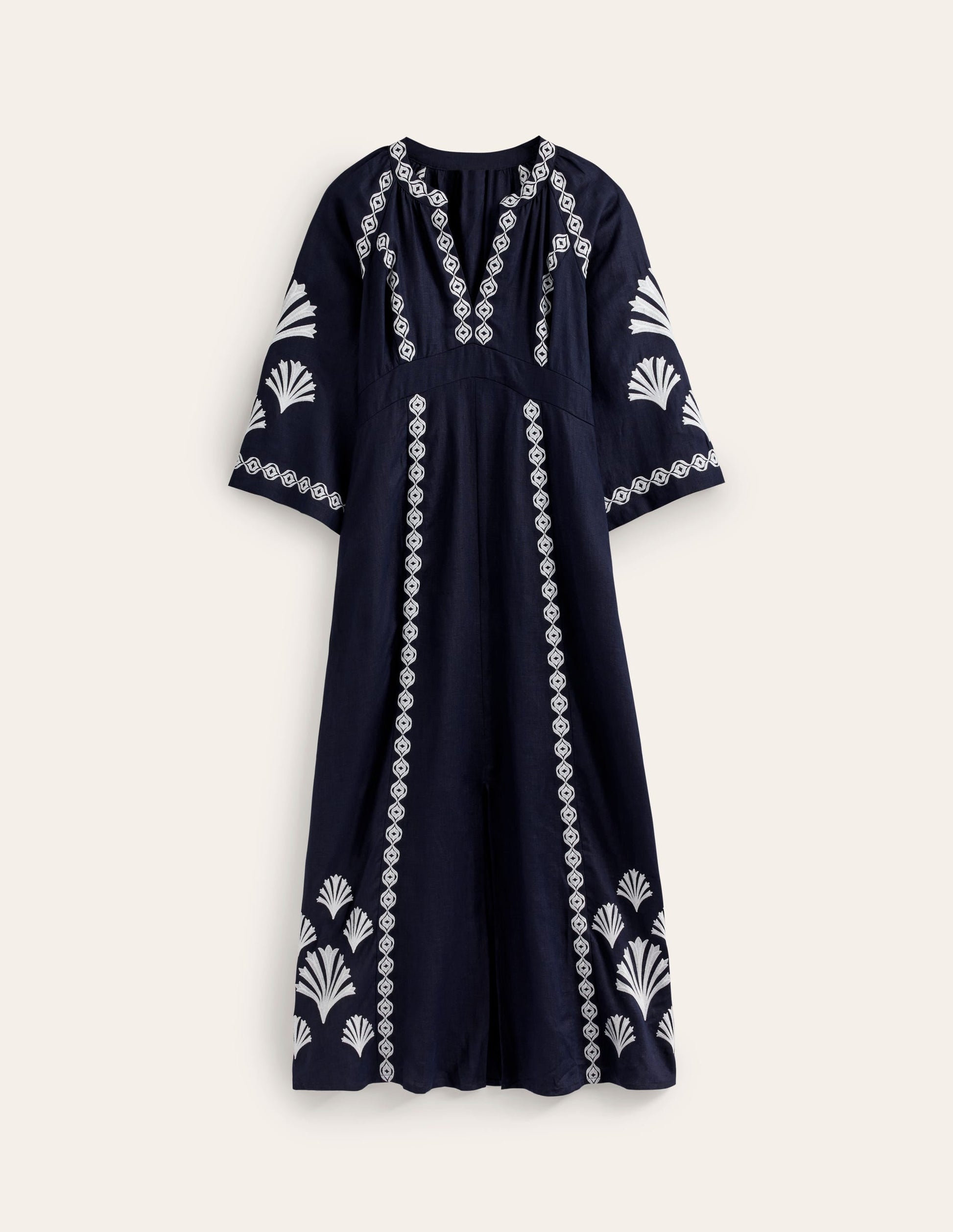 Una Linen Embroidered Dress-Navy-8