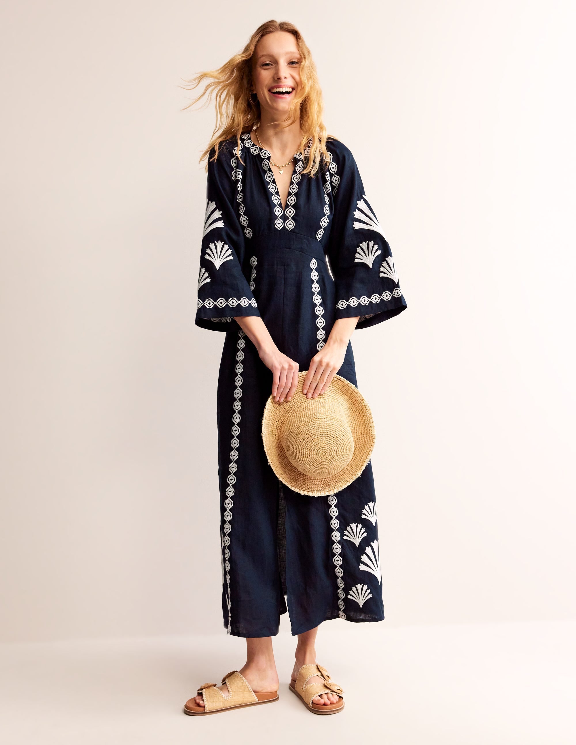 Una Linen Embroidered Dress-Navy - Image 1